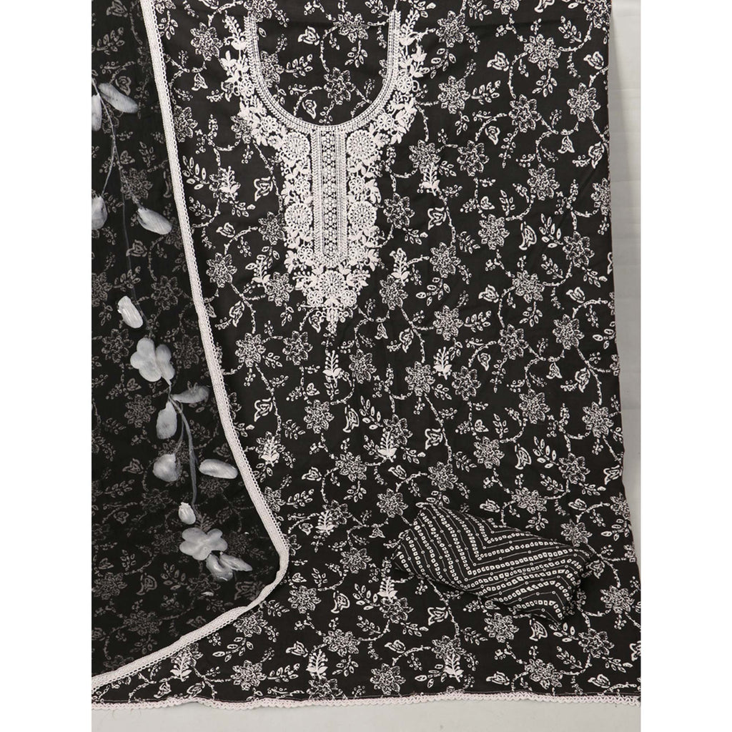 Black Printed With Embroidery Pure Cotton Dress Material