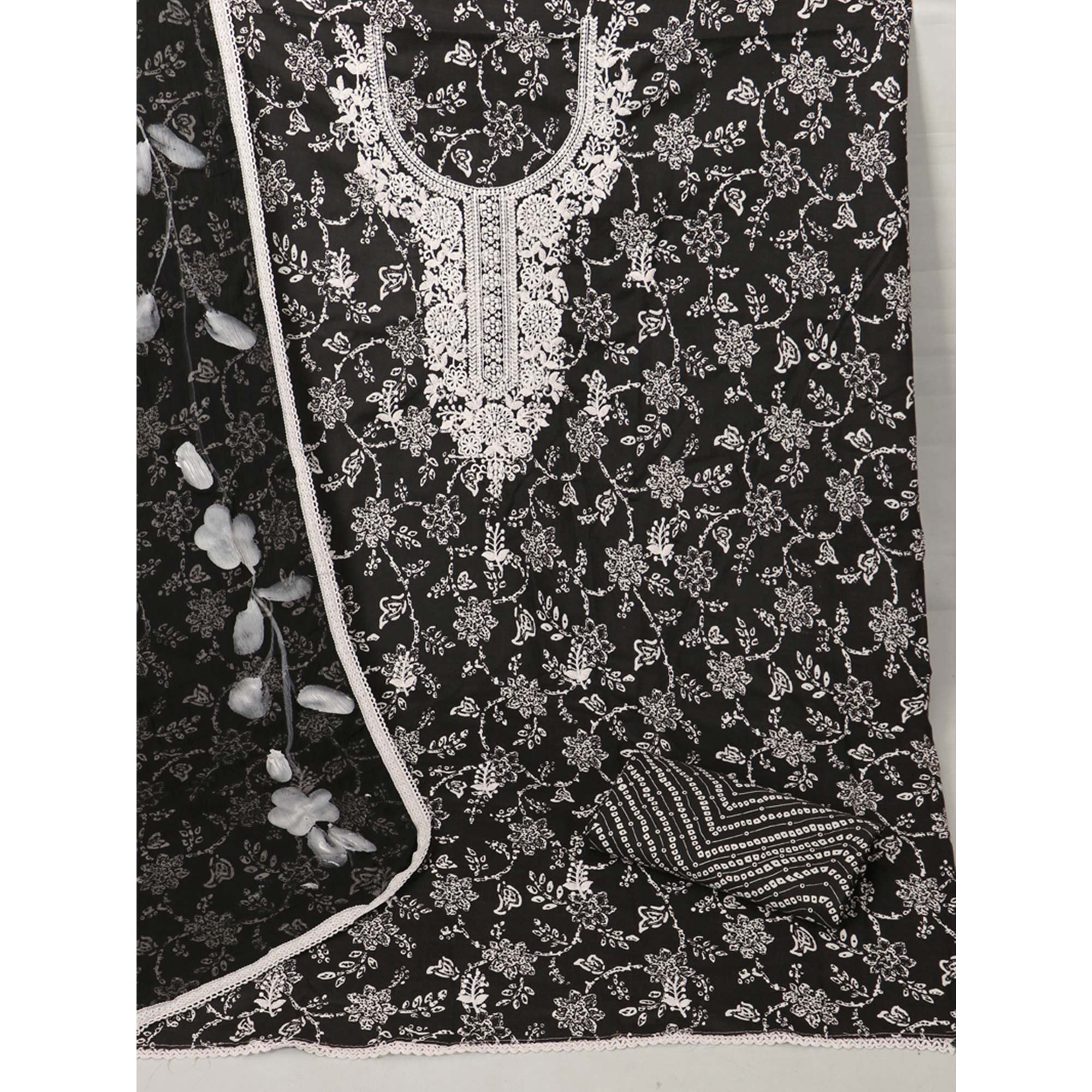 Black Printed With Embroidery Pure Cotton Dress Material
