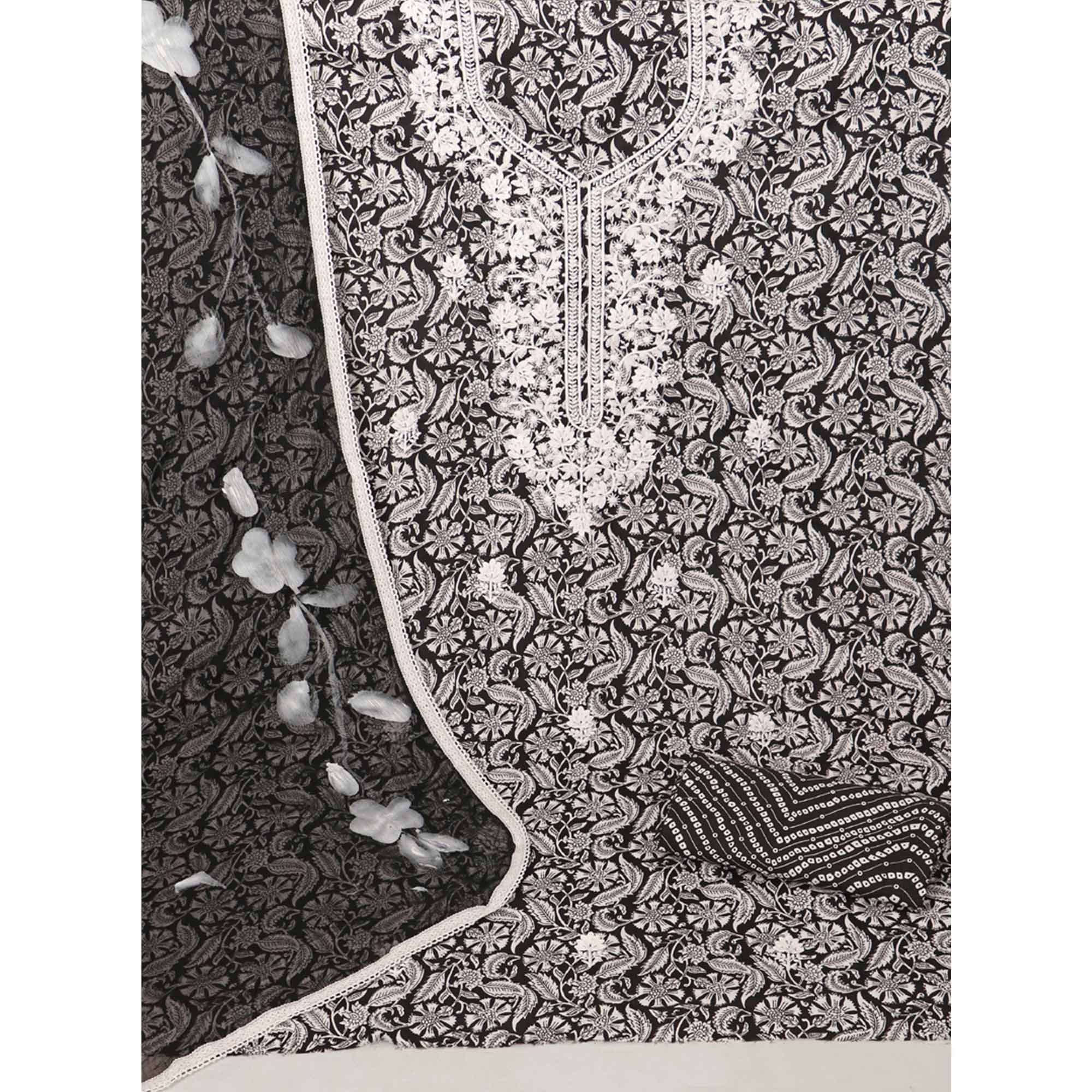 Black Printed With Embroidery Pure Cotton Dress Material