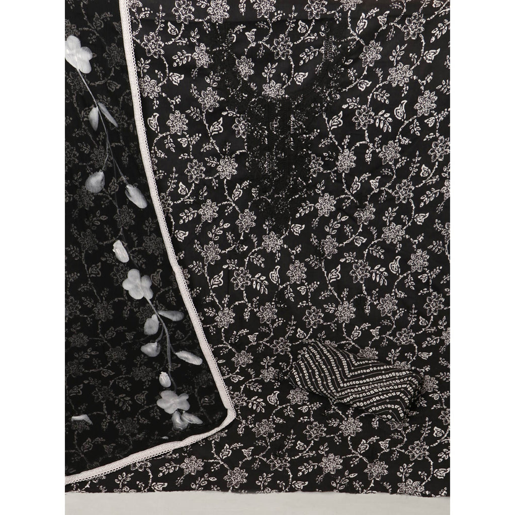 Black Printed With Embroidery Pure Cotton Dress Material