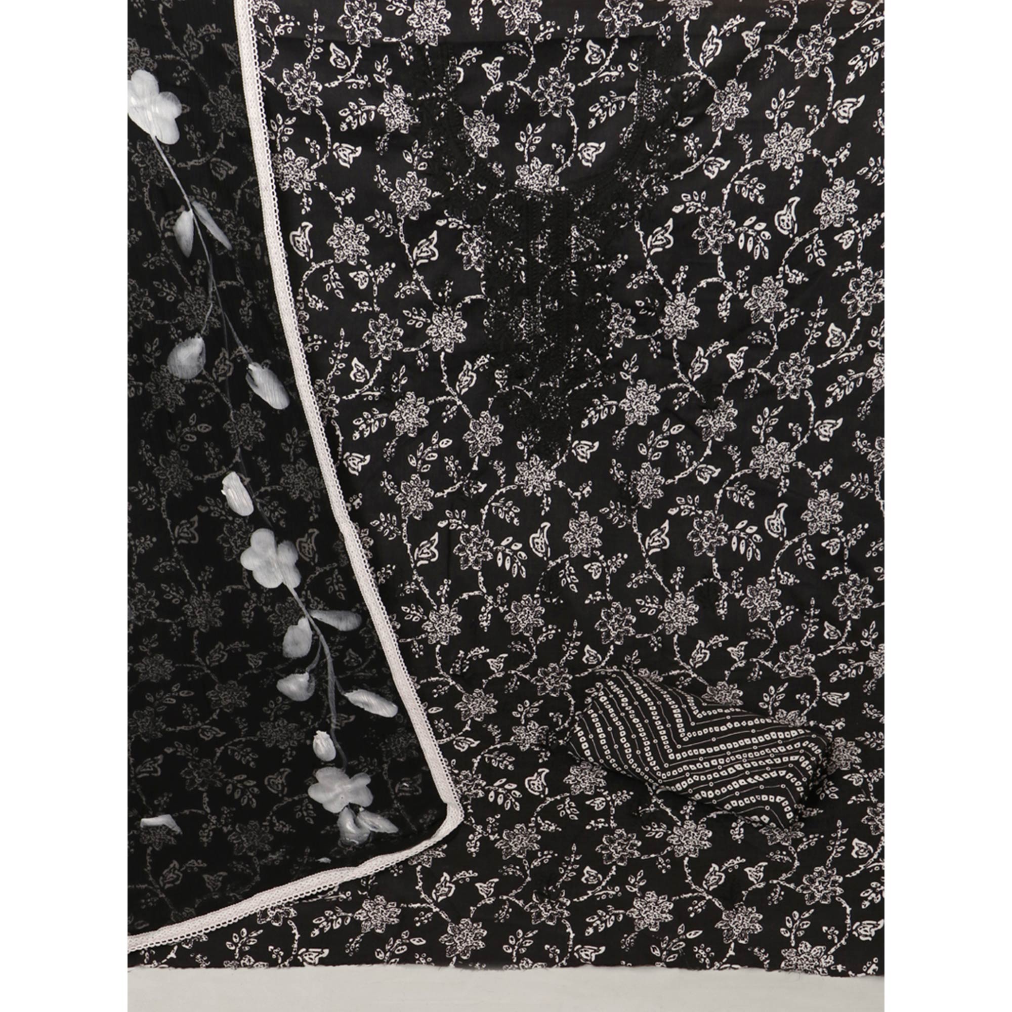 Black Printed With Embroidery Pure Cotton Dress Material