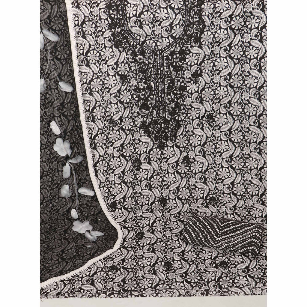 Black Printed With Embroidery Pure Cotton Dress Material