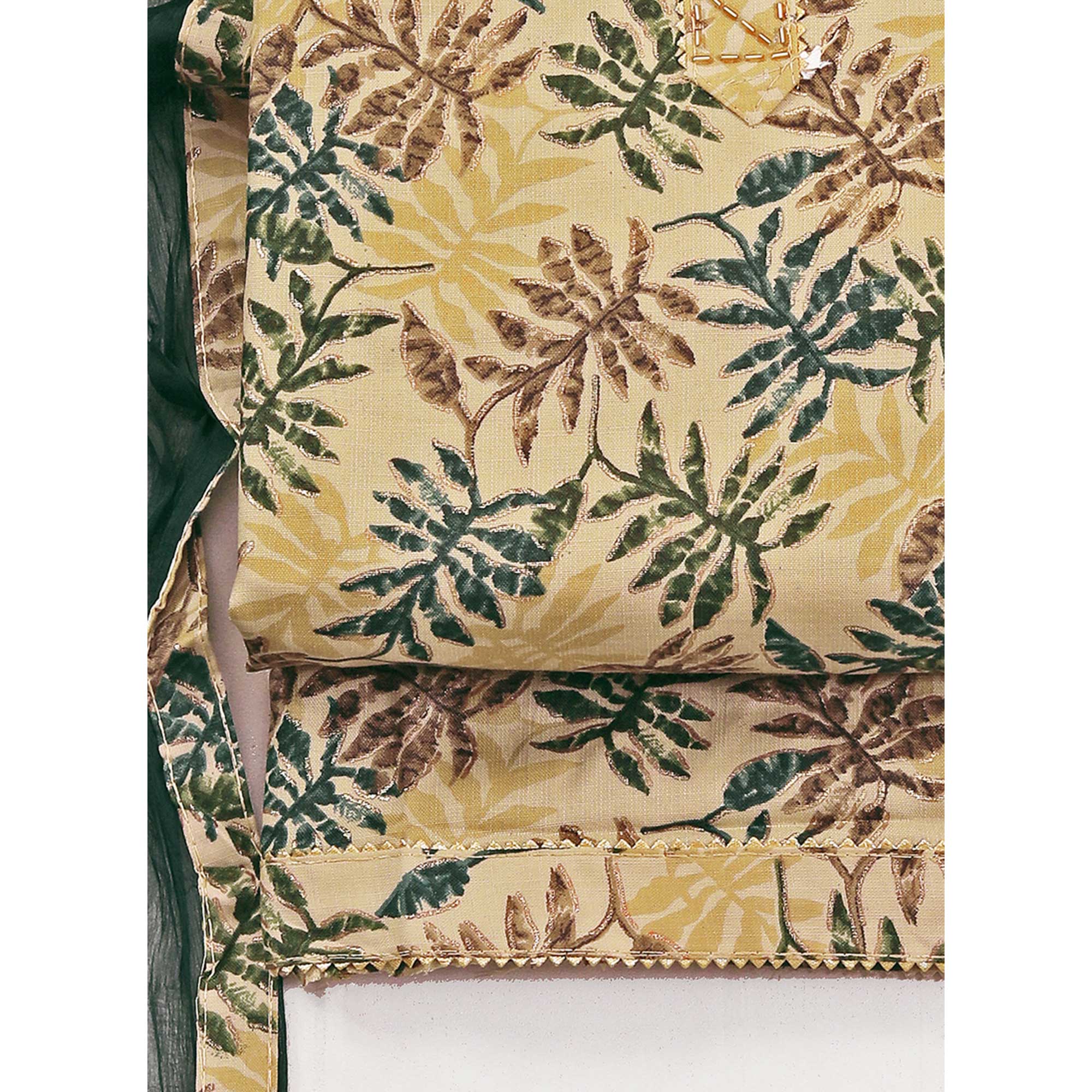 Chikoo & Green Foil Printed With Handwork Pure Pure Cotton Dress Material