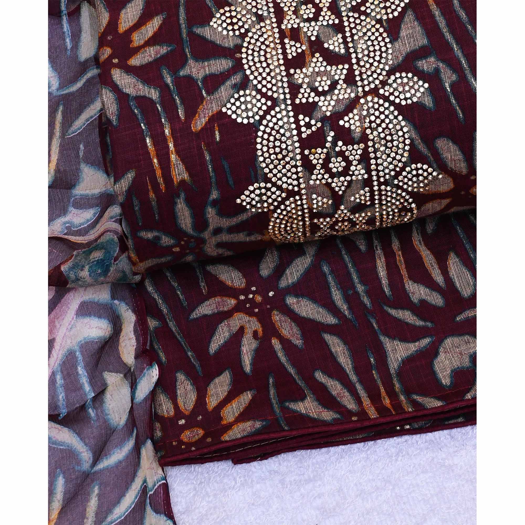 Maroon Floral Printed Pure Cotton Dress Material