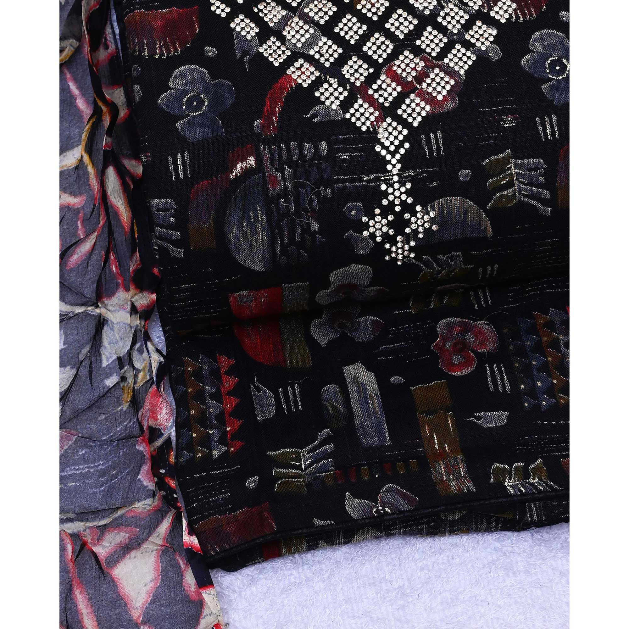 Black Floral Printed With Stone Work Yoke Pure Cotton Dress Material