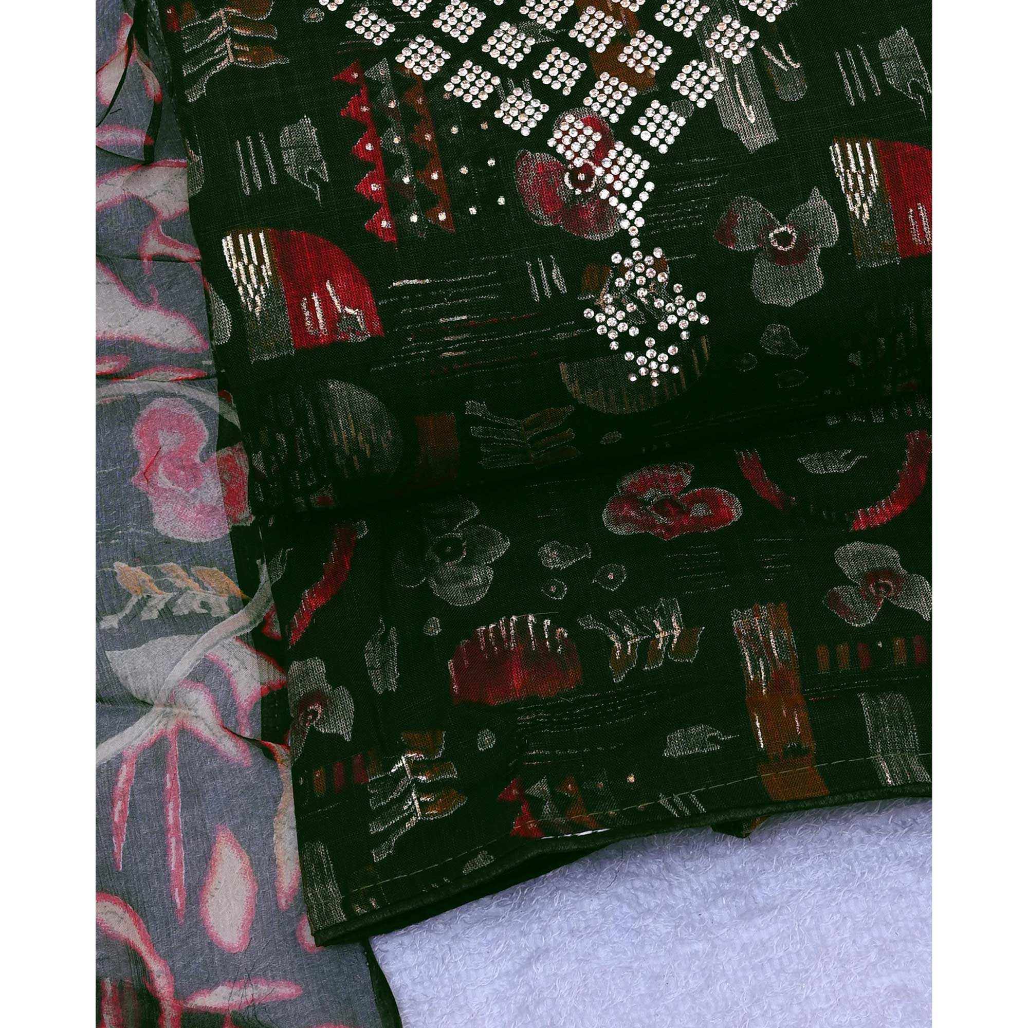 Green Floral Printed With Stone Work Yoke Pure Cotton Dress Material