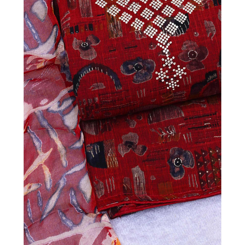 Maroon Floral Printed With Stone Work Yoke Pure Cotton Dress Material