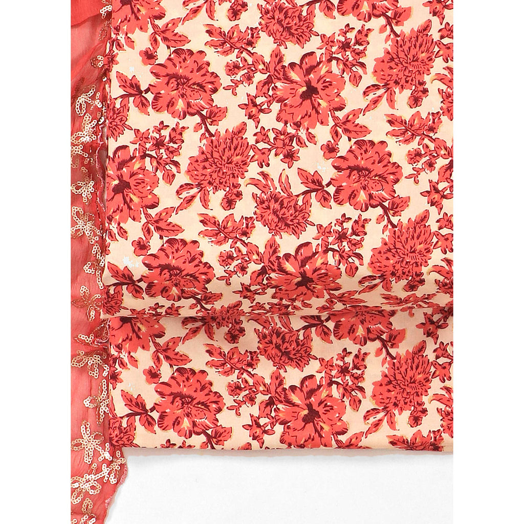 Peach Floral Foil Printed Cotton Blend Dress Material