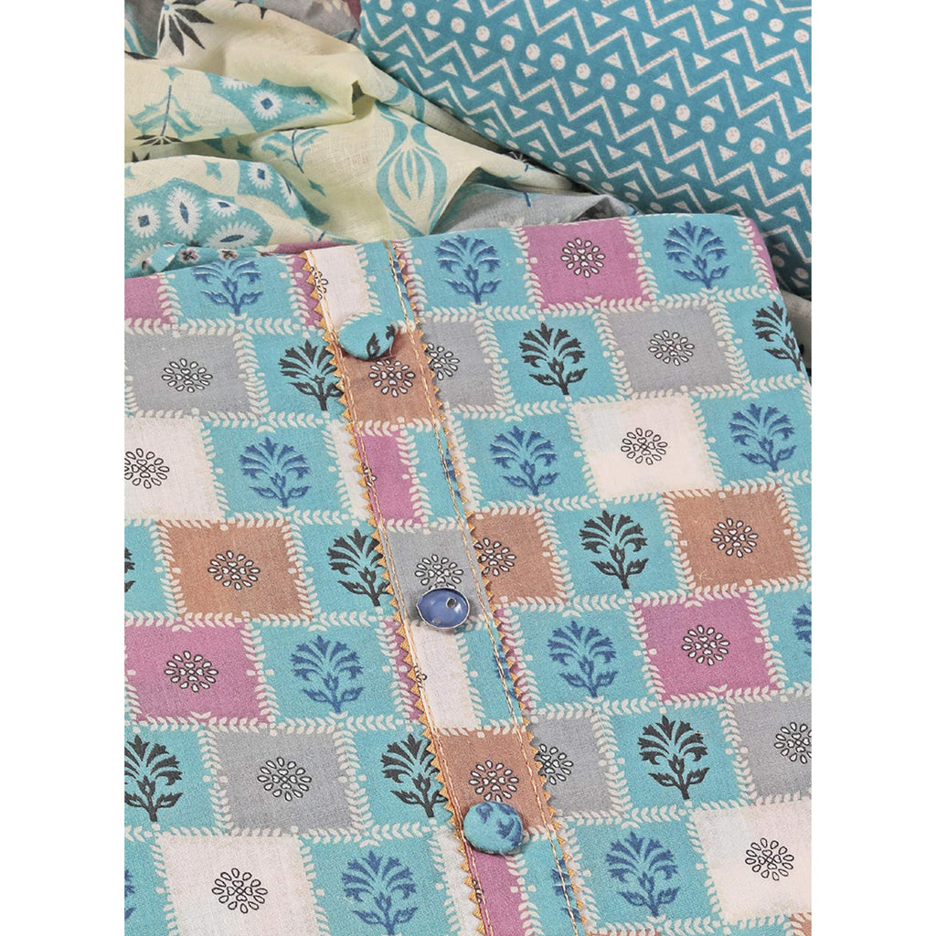 Blue Floral Printed With Gota Patti Work Pure Cotton Dress Material