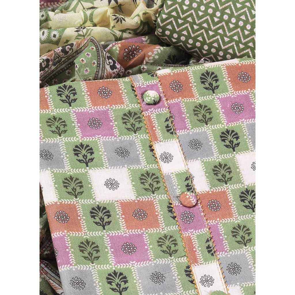 Green Floral Printed With Gota Patti Work Pure Cotton Dress Material