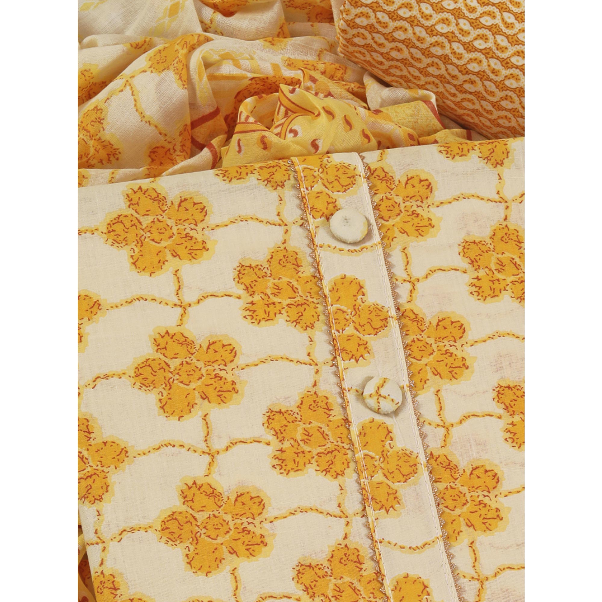 Mustard Floral Printed With Gota Patti Work Pure Cotton Dress Material
