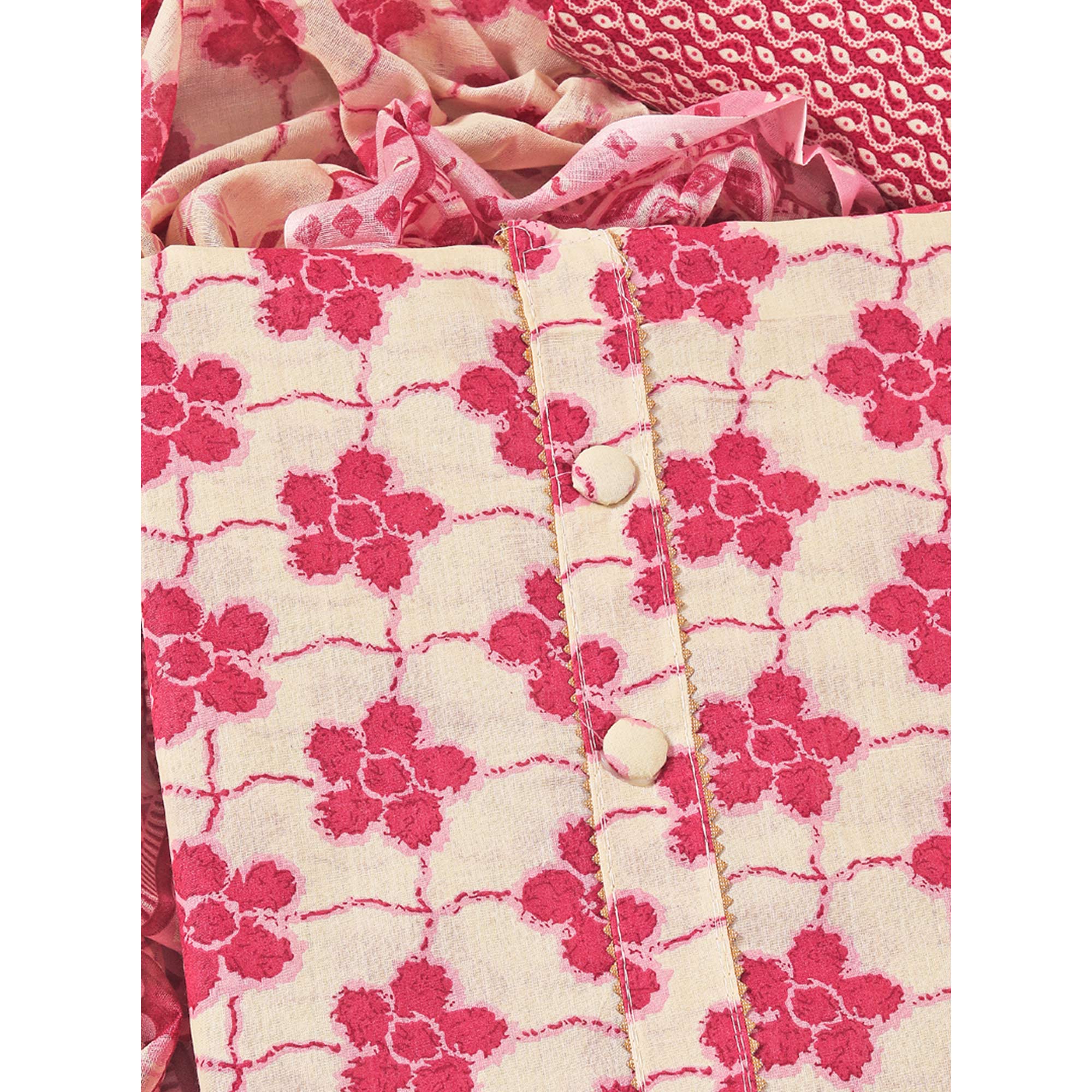 Pink Floral Printed With Gota Patti Work Pure Cotton Dress Material