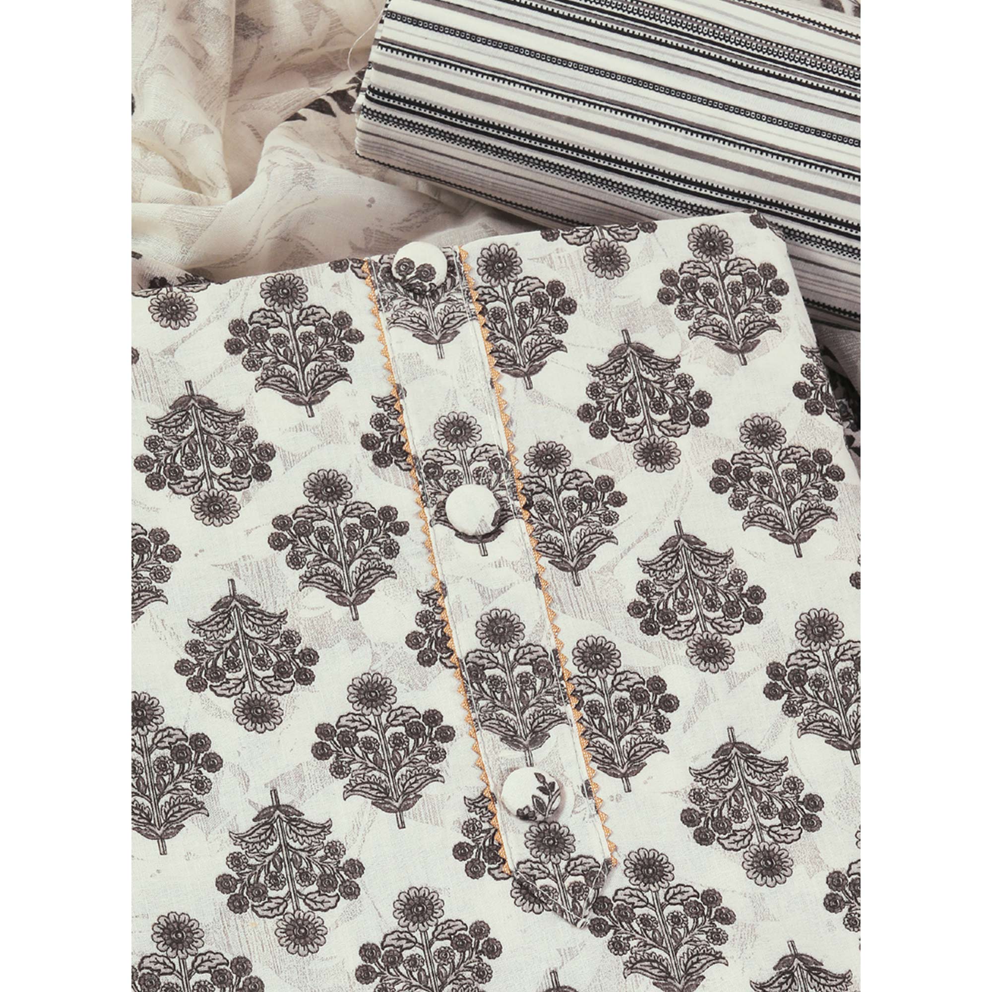 Offwhite Floral Printed With Gota Patti Work Pure Cotton Dress Material