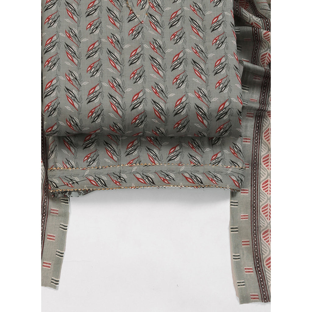 Fresh Grey Dress Material in Pure Cotton with Subtle Leaf Print Accents