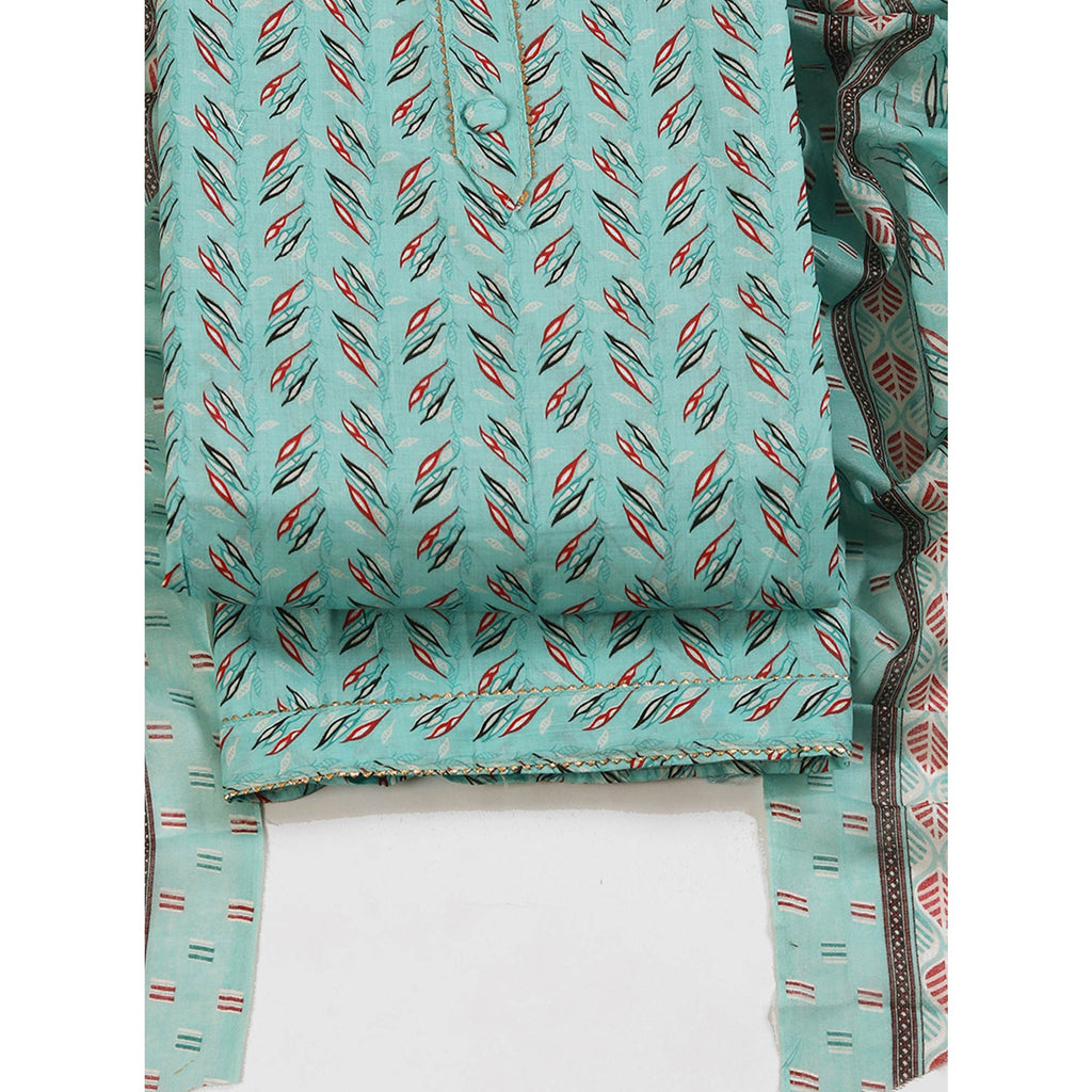 Fresh Sea Green Dress Material in Pure Cotton with Subtle Leaf Print Accents
