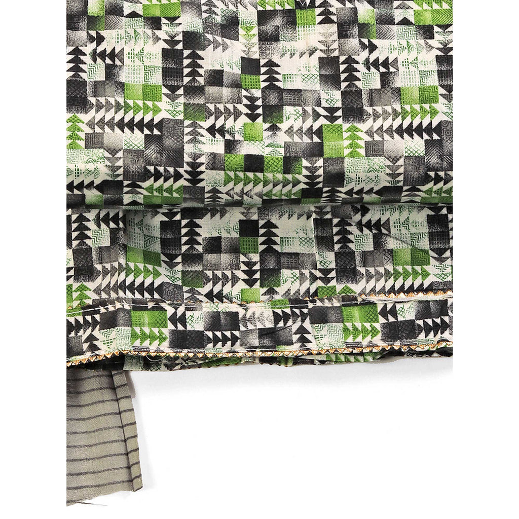 Cotton Dress Material Featuring a Grey and Green Palette with Artistic Geometric Patterns