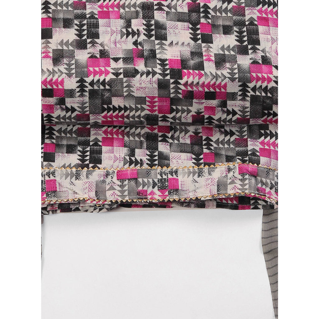 Cotton Dress Material Featuring a Grey and Pink Palette with Artistic Geometric Patterns