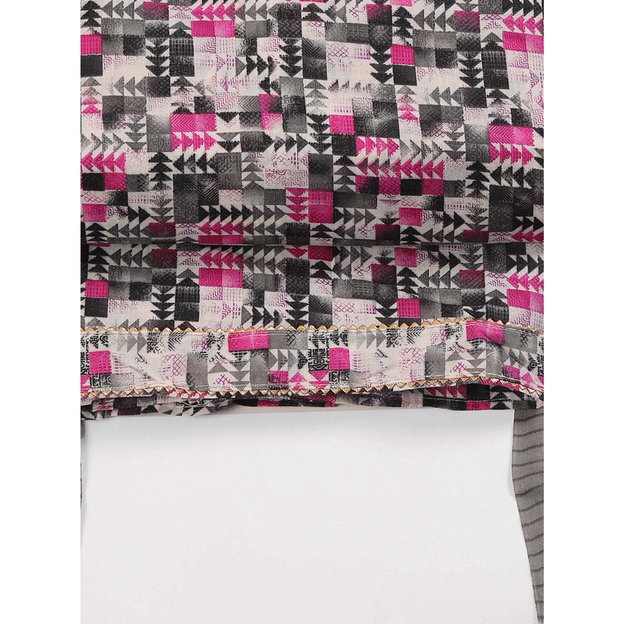 Cotton Dress Material Featuring a Grey and Pink Palette with Artistic Geometric Patterns