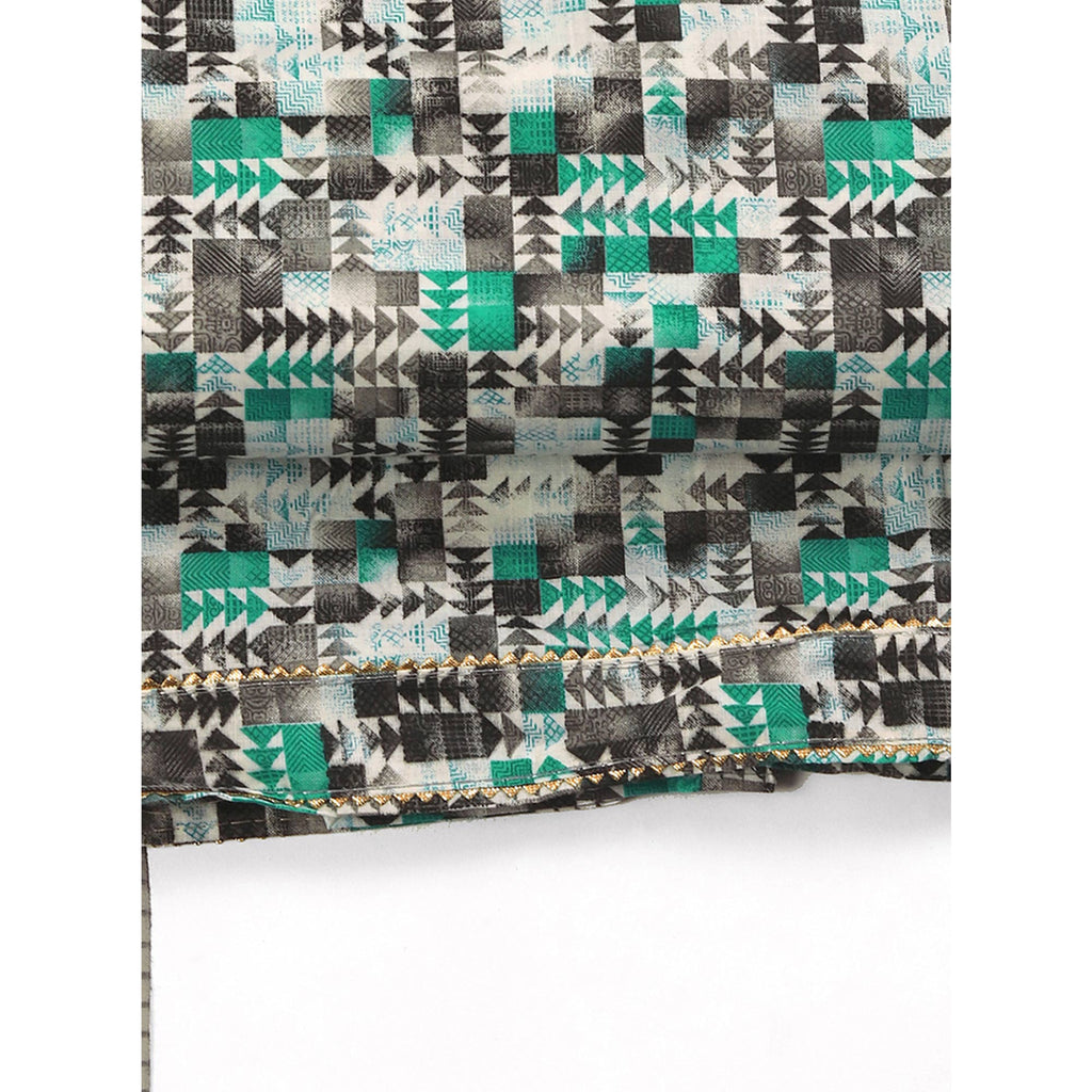 Cotton Dress Material Featuring a Grey and Rama Green Palette with Artistic Geometric Patterns