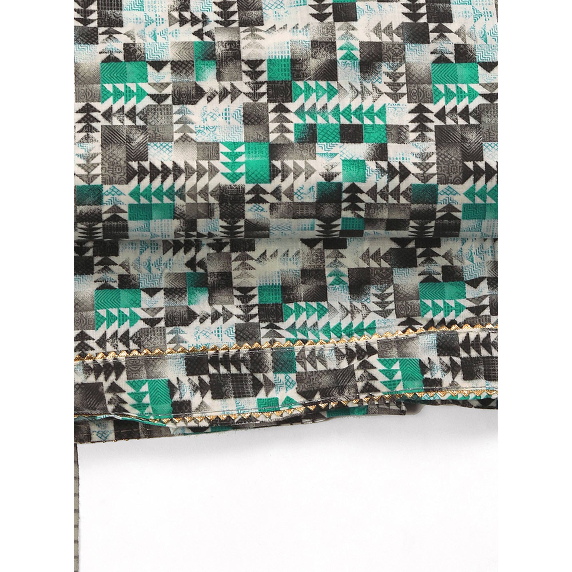 Cotton Dress Material Featuring a Grey and Rama Green Palette with Artistic Geometric Patterns