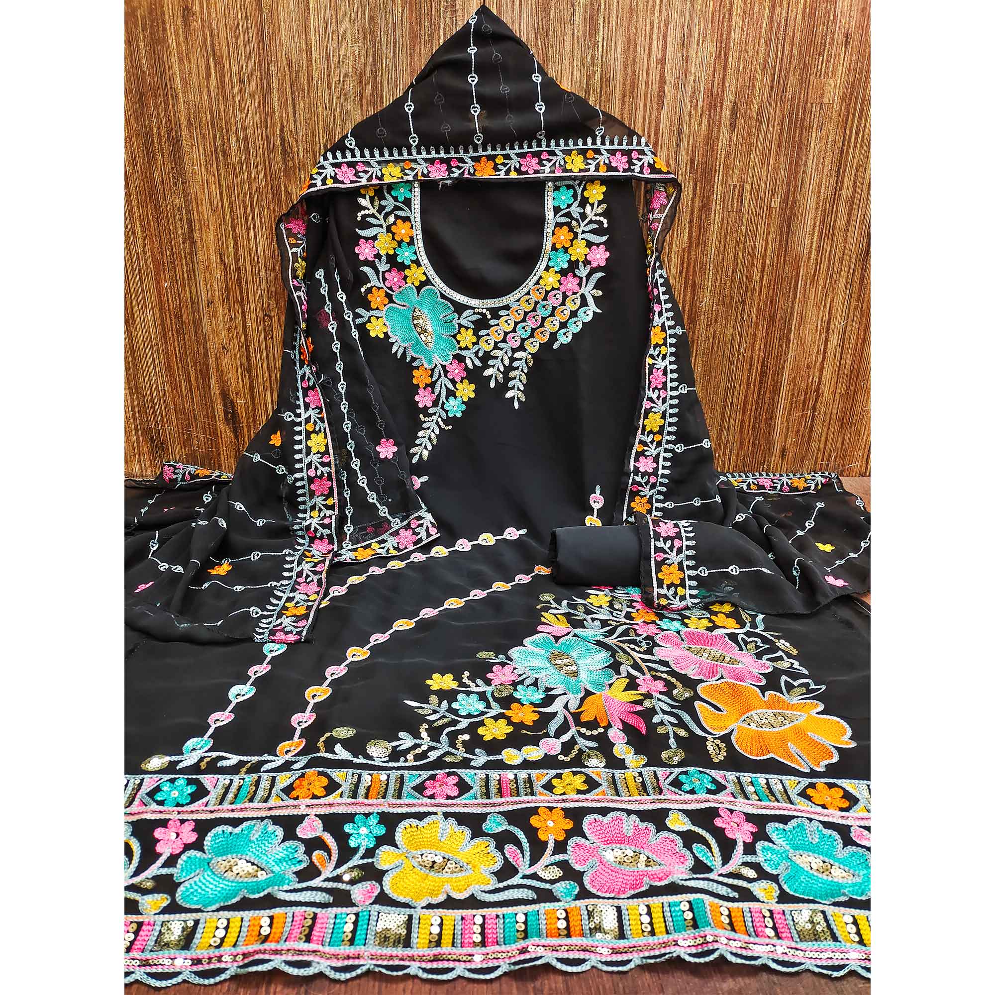 Black Floral Sequins Embroidered Georgette Dress Material