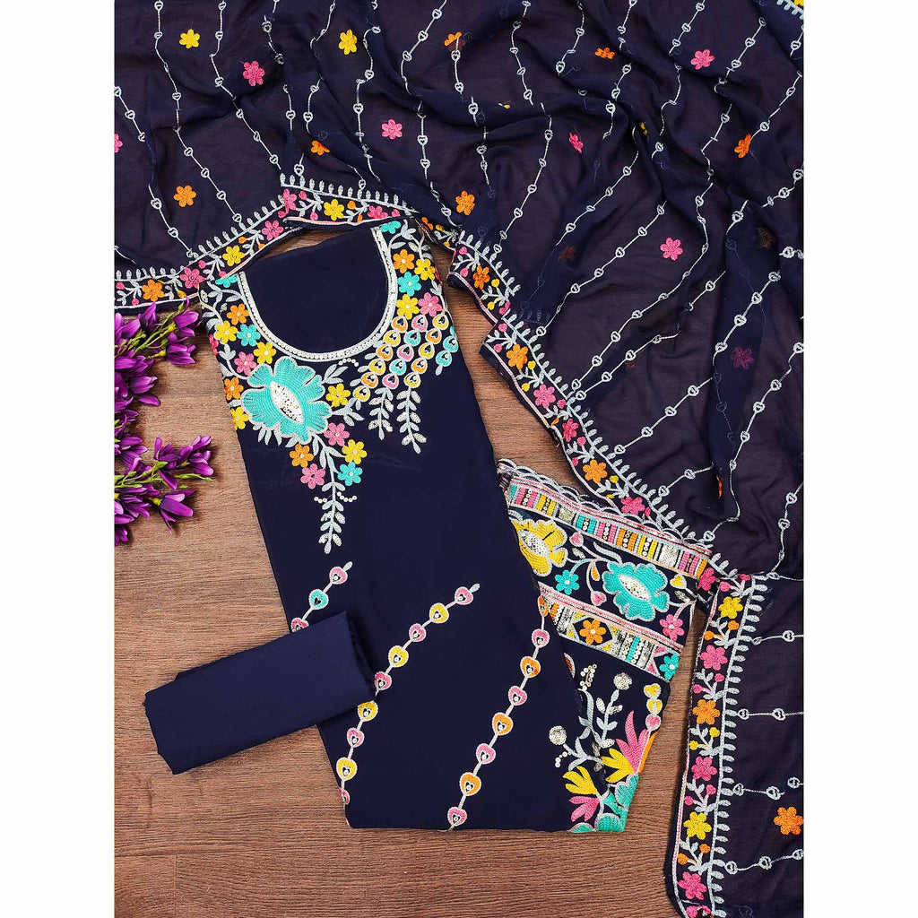 Navy Blue Floral Sequins Embroidered Georgette Dress Material