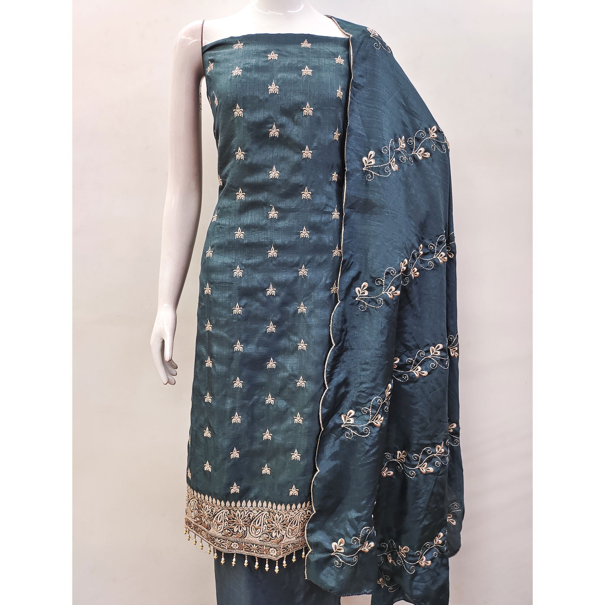 Grey Embroidered Vichitra Silk Dress Material