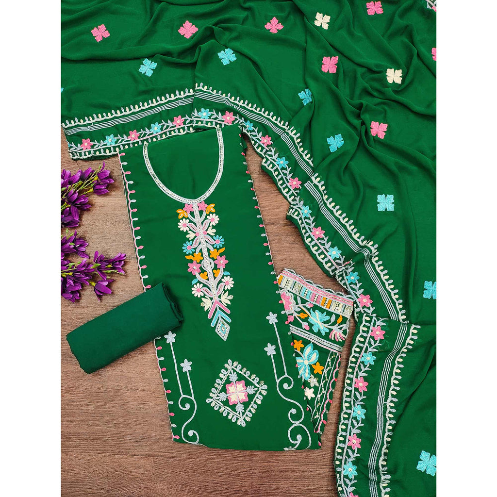 Dark Green Floral Sequins Embroidered Georgette Dress Material