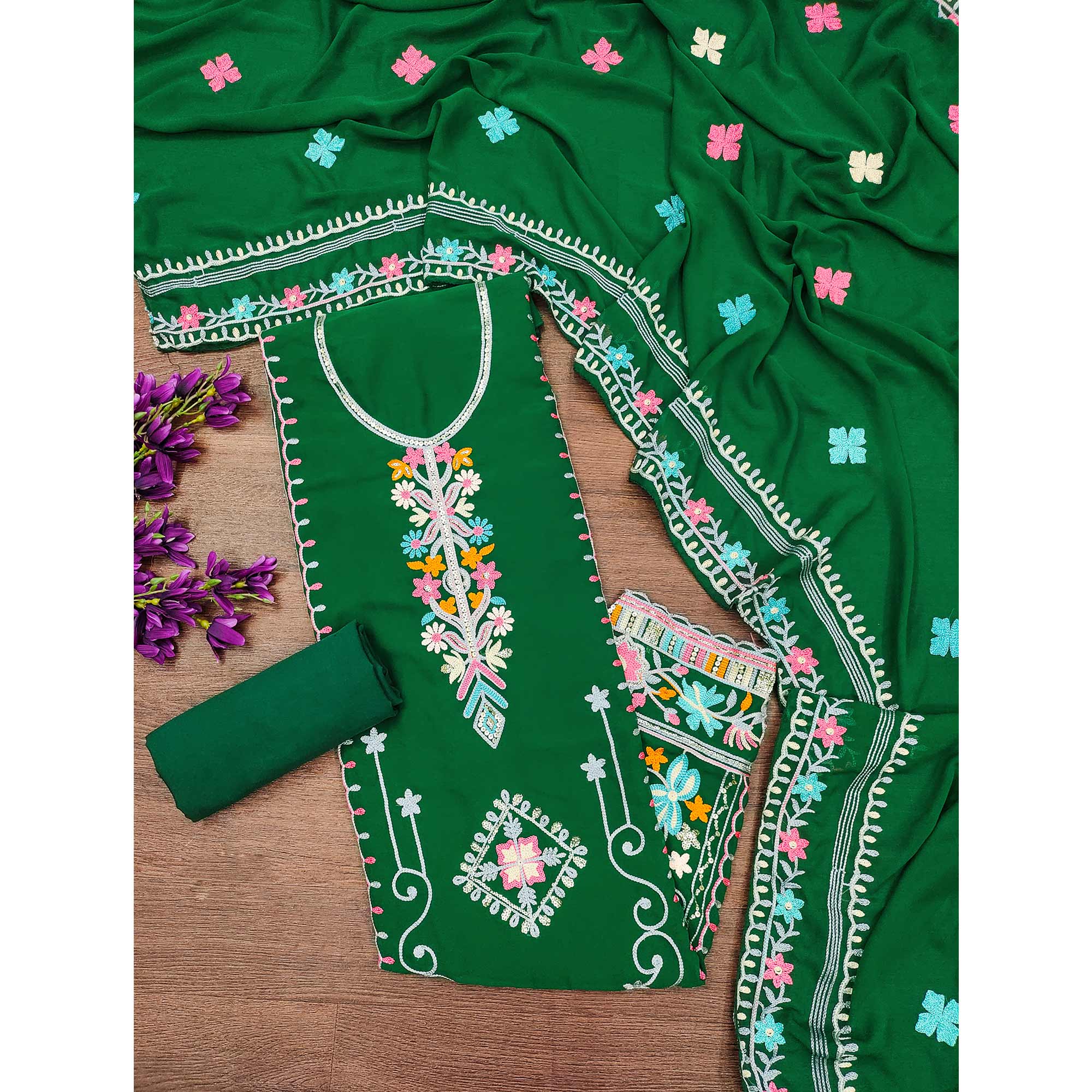 Dark Green Floral Sequins Embroidered Georgette Dress Material