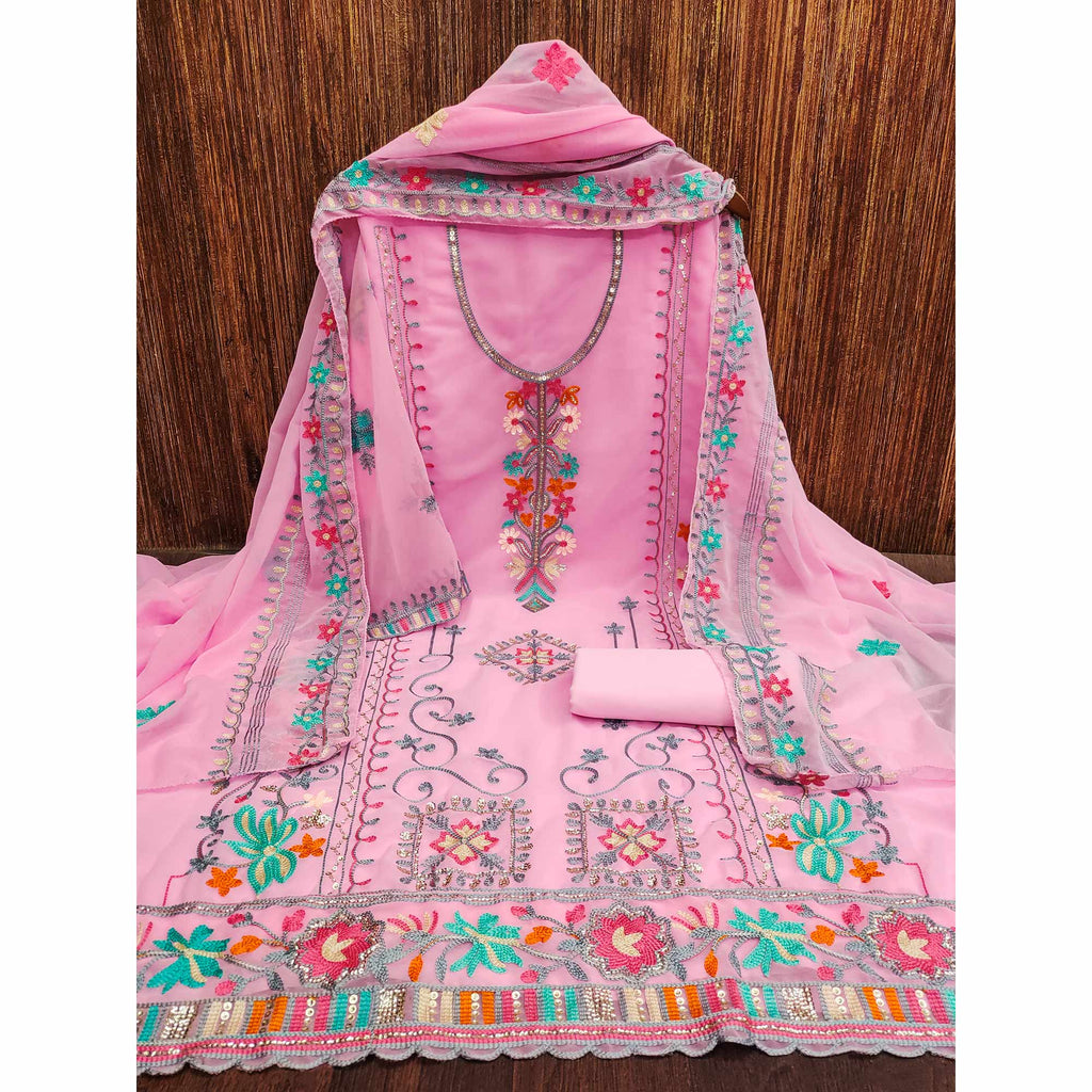 Pink Floral Sequins Embroidered Georgette Dress Material