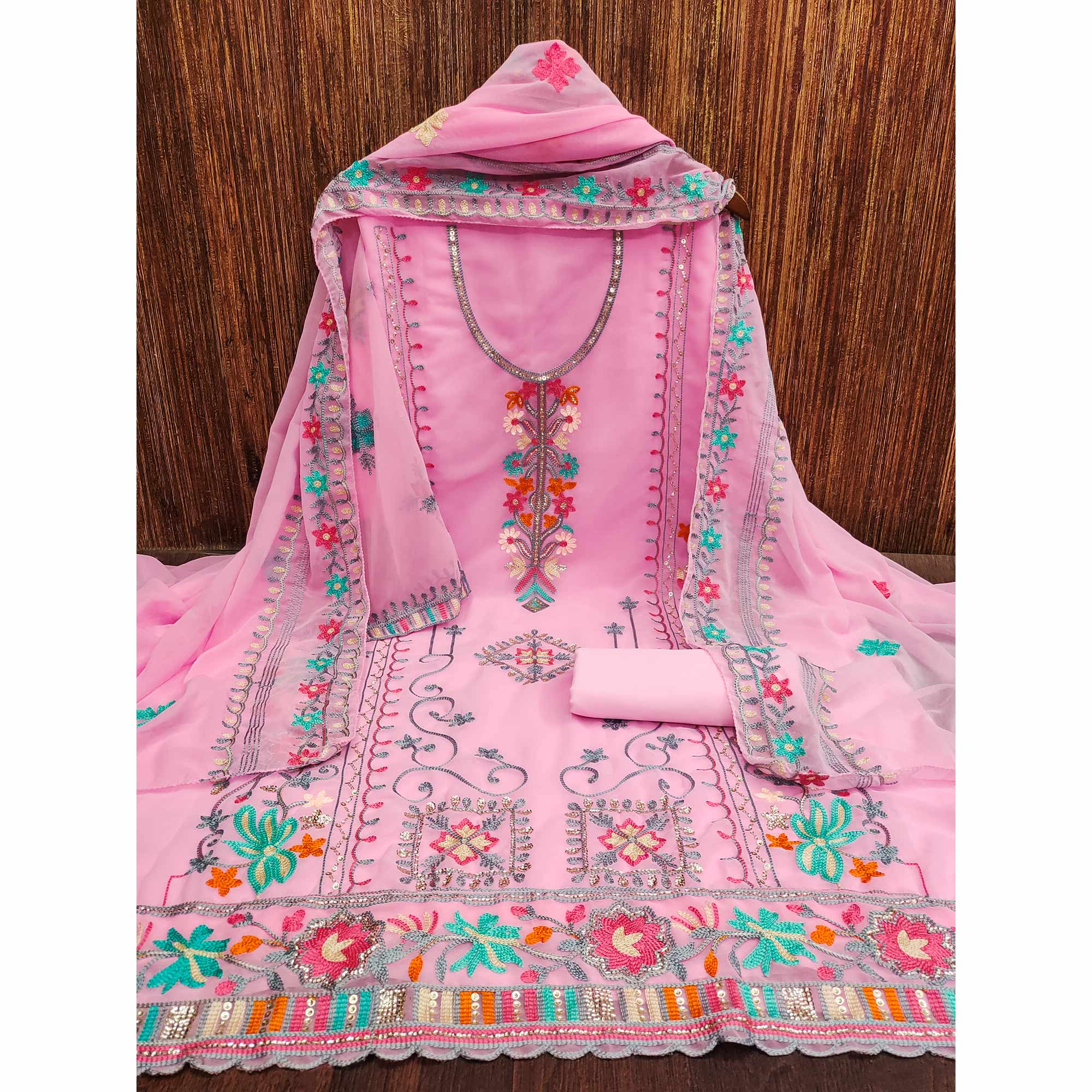 Pink Floral Sequins Embroidered Georgette Dress Material