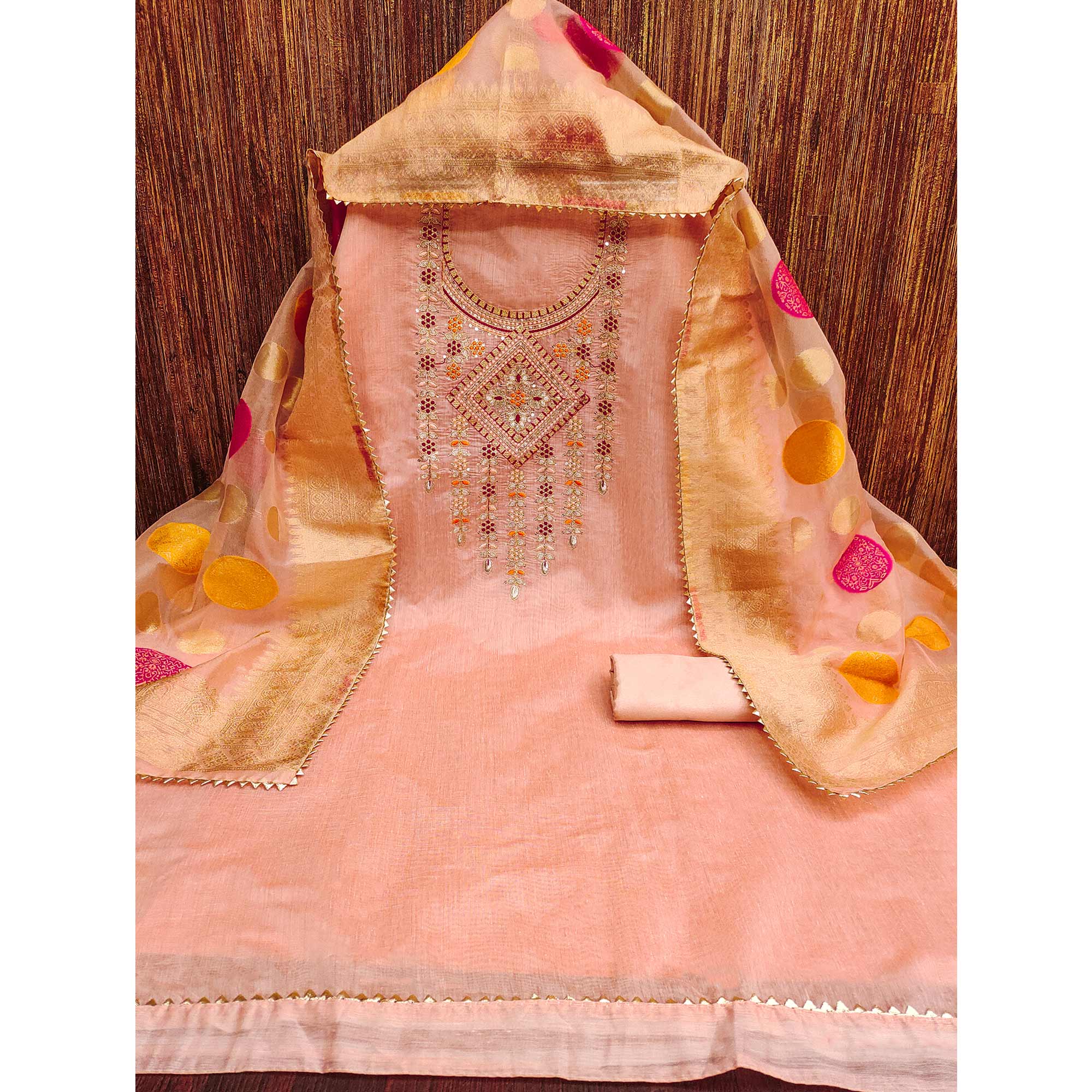 Peach Floral Sequins Embroidered Chanderi Dress Material