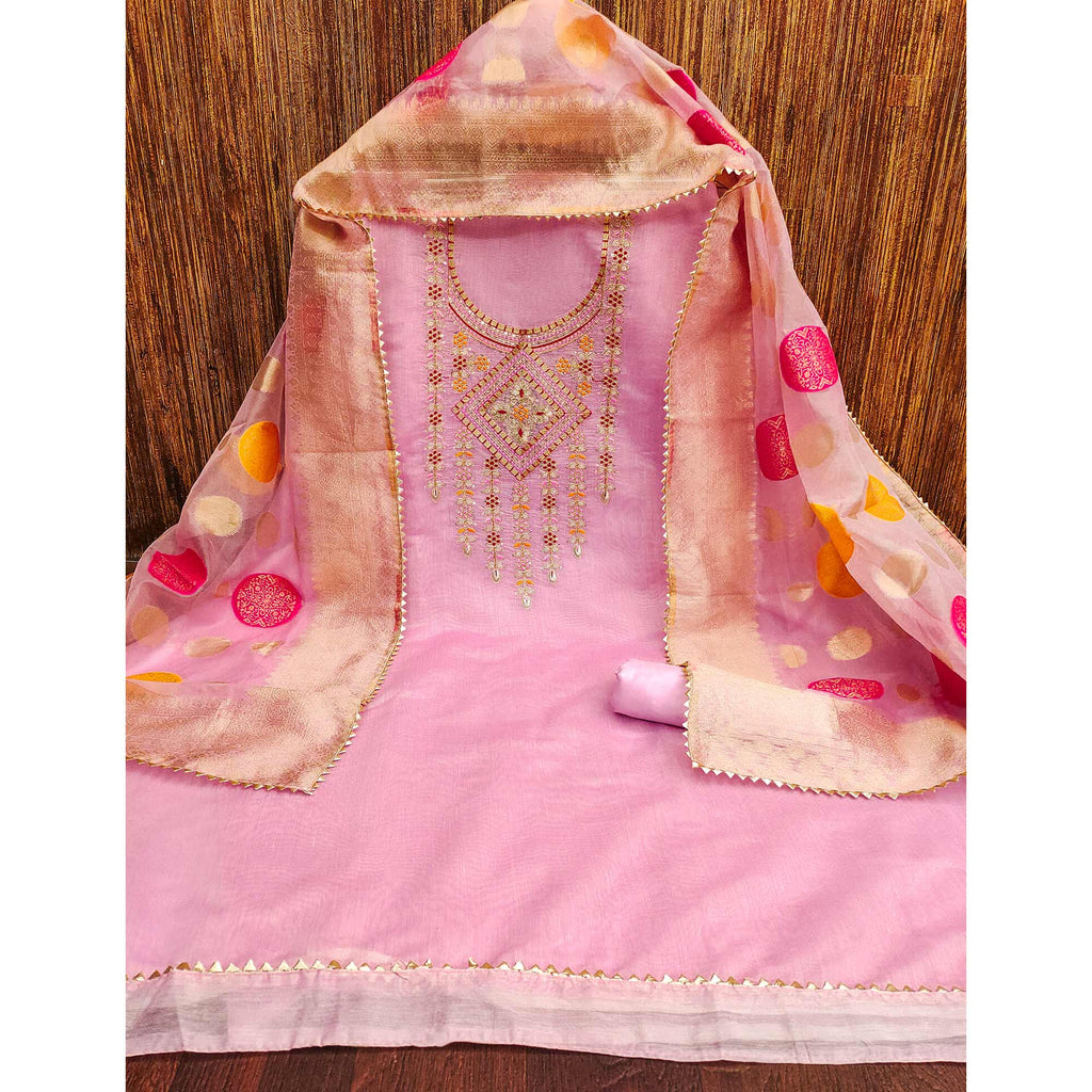 Pink Floral Sequins Embroidered Chanderi Dress Material