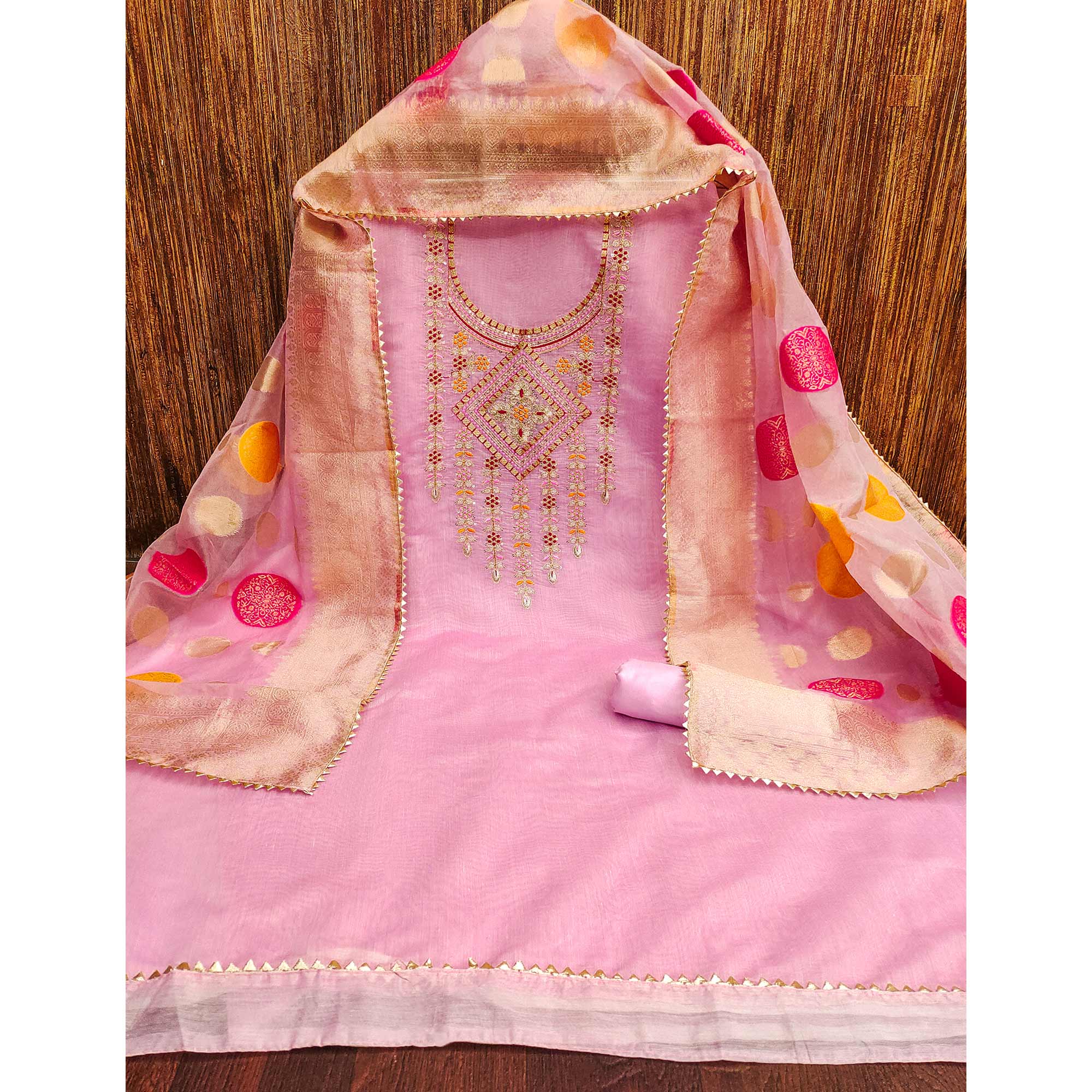 Pink Floral Sequins Embroidered Chanderi Dress Material