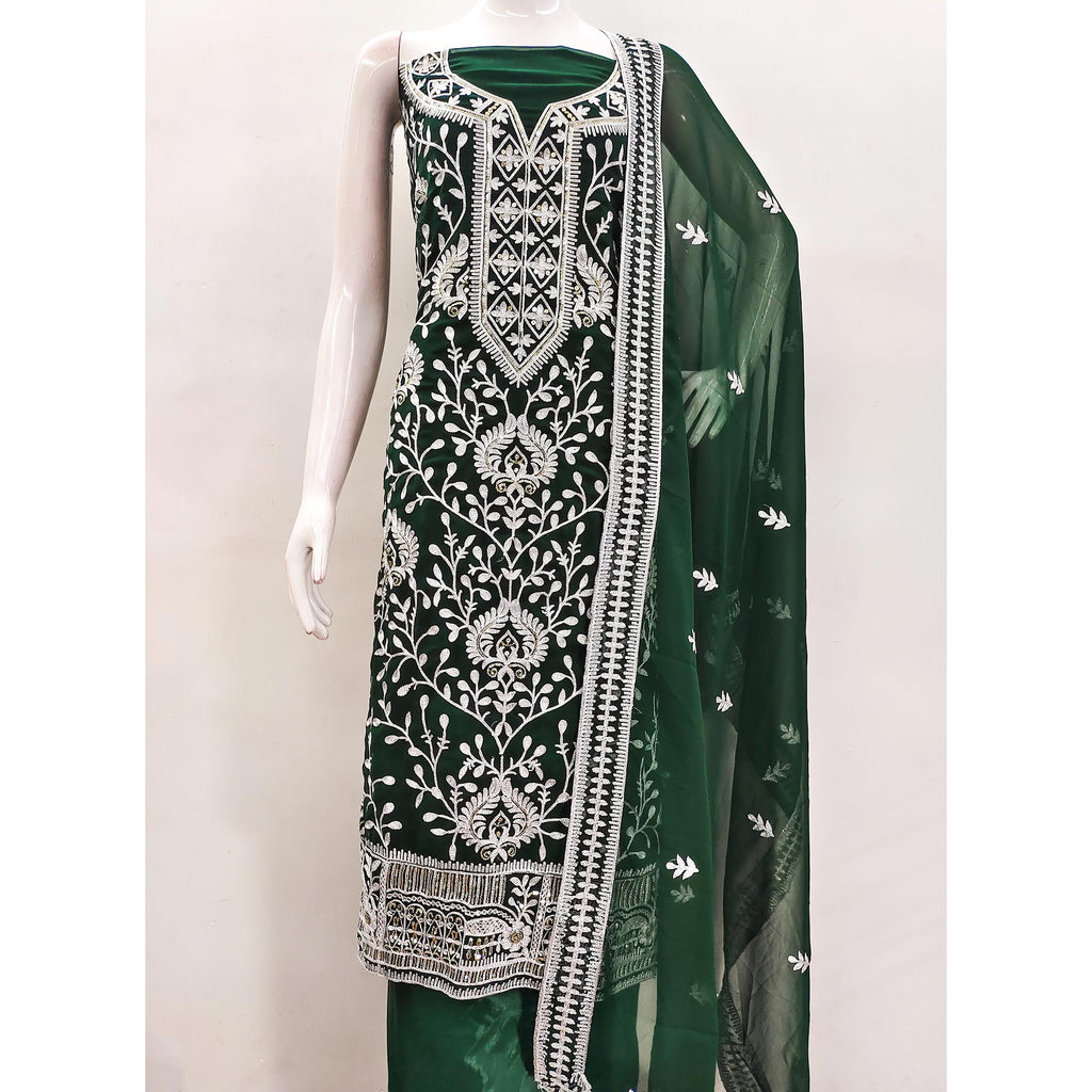 Green Floral Sequins Embroidered Georgette Dress Material