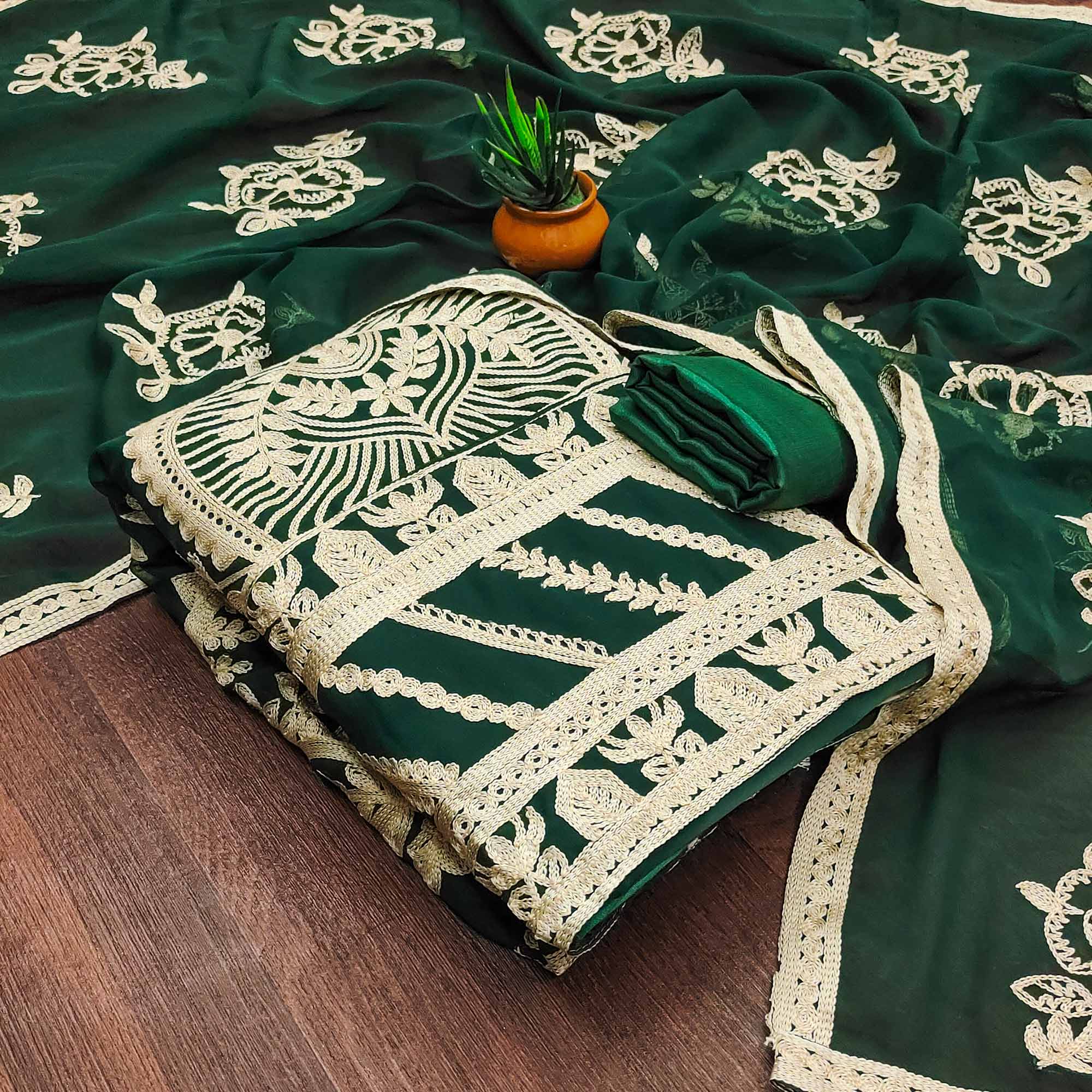 Green Floral Embroidered Georgette Dress Material