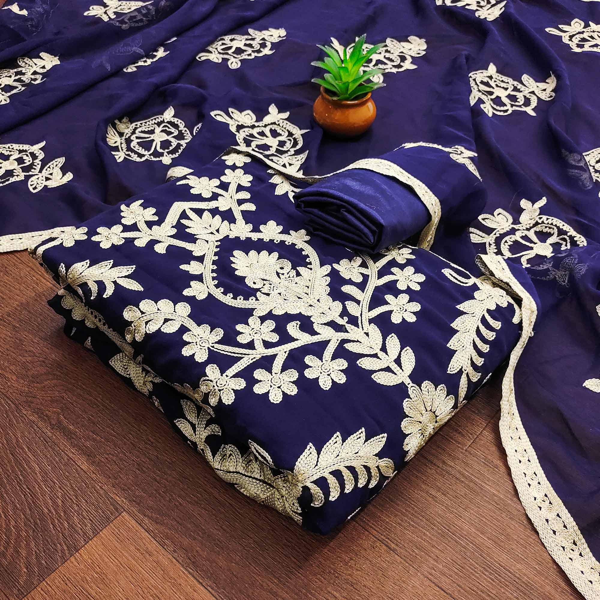 Navy Blue Floral Embroidered Georgette Dress Material