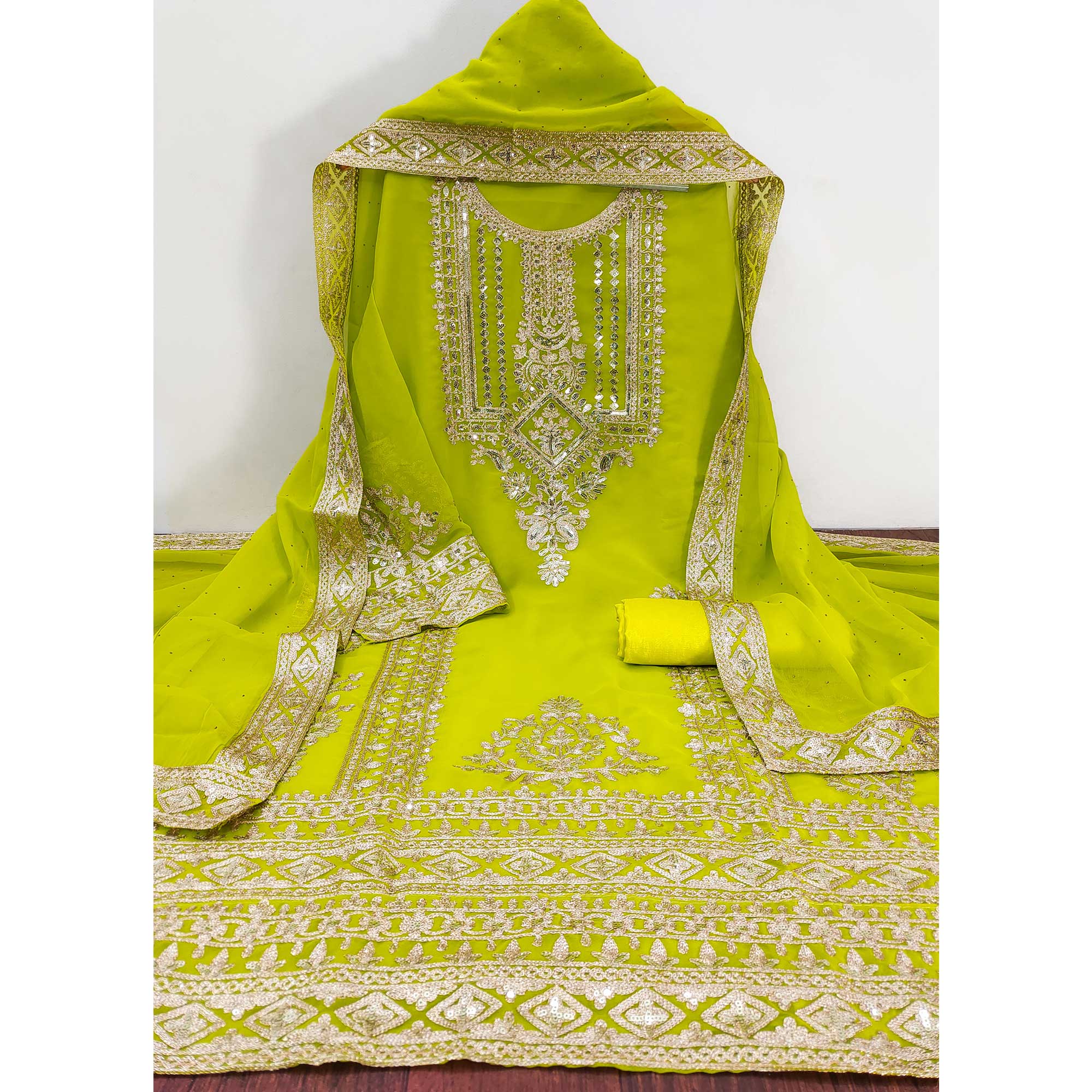 Green Floral Sequins Embroidered Georgette Dress Material