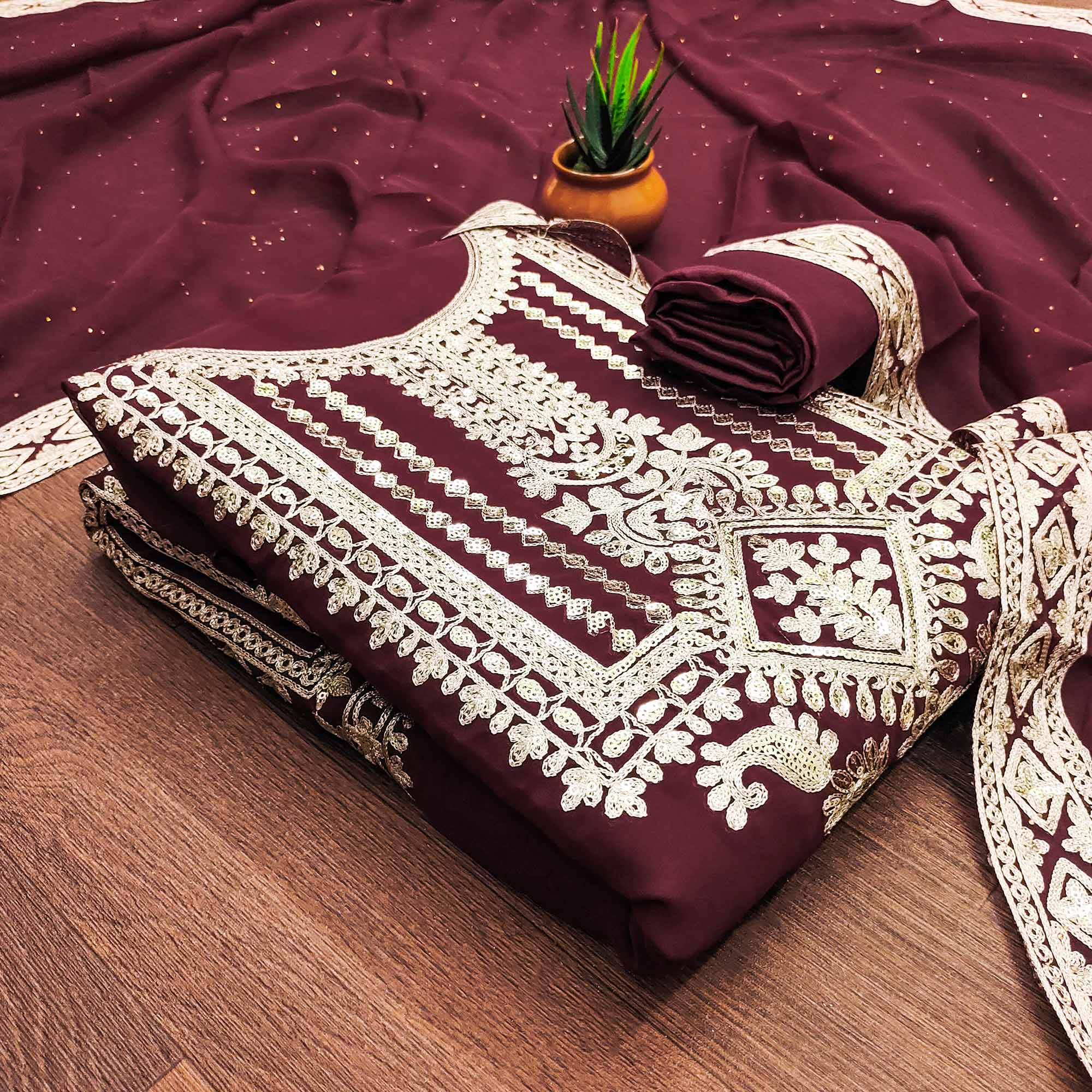 Maroon Floral Sequins Embroidered Georgette Dress Material