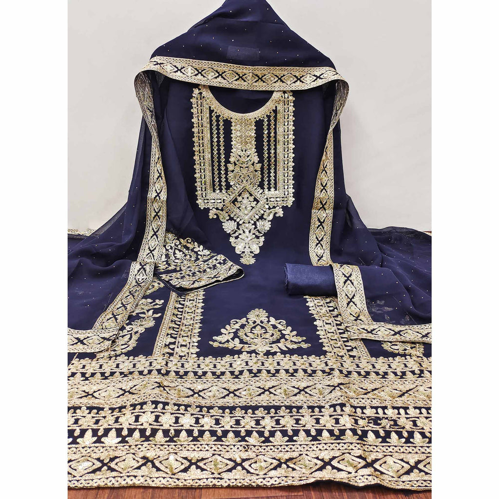 Navy Blue Floral Sequins Embroidered Georgette Dress Material