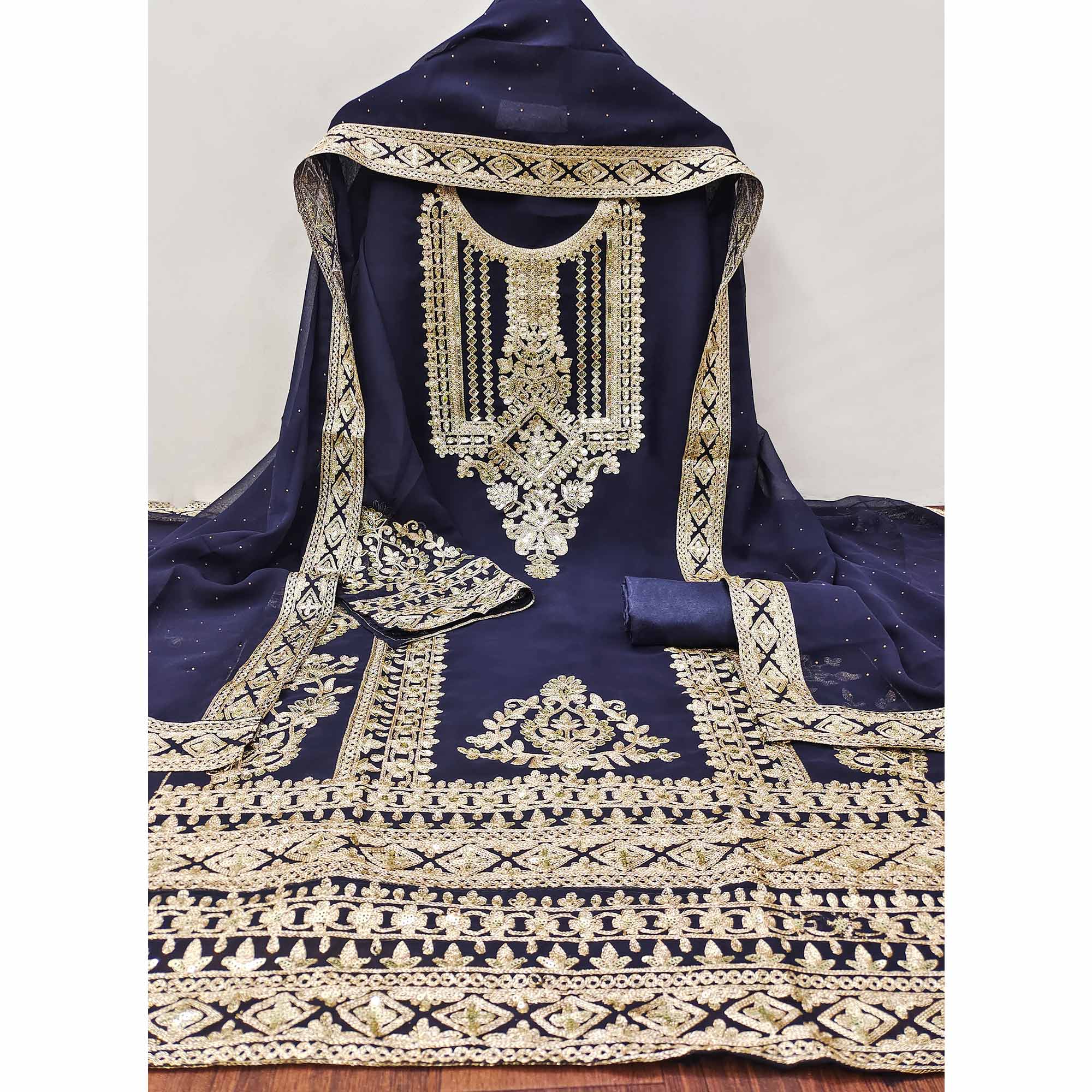 Navy Blue Floral Sequins Embroidered Georgette Dress Material