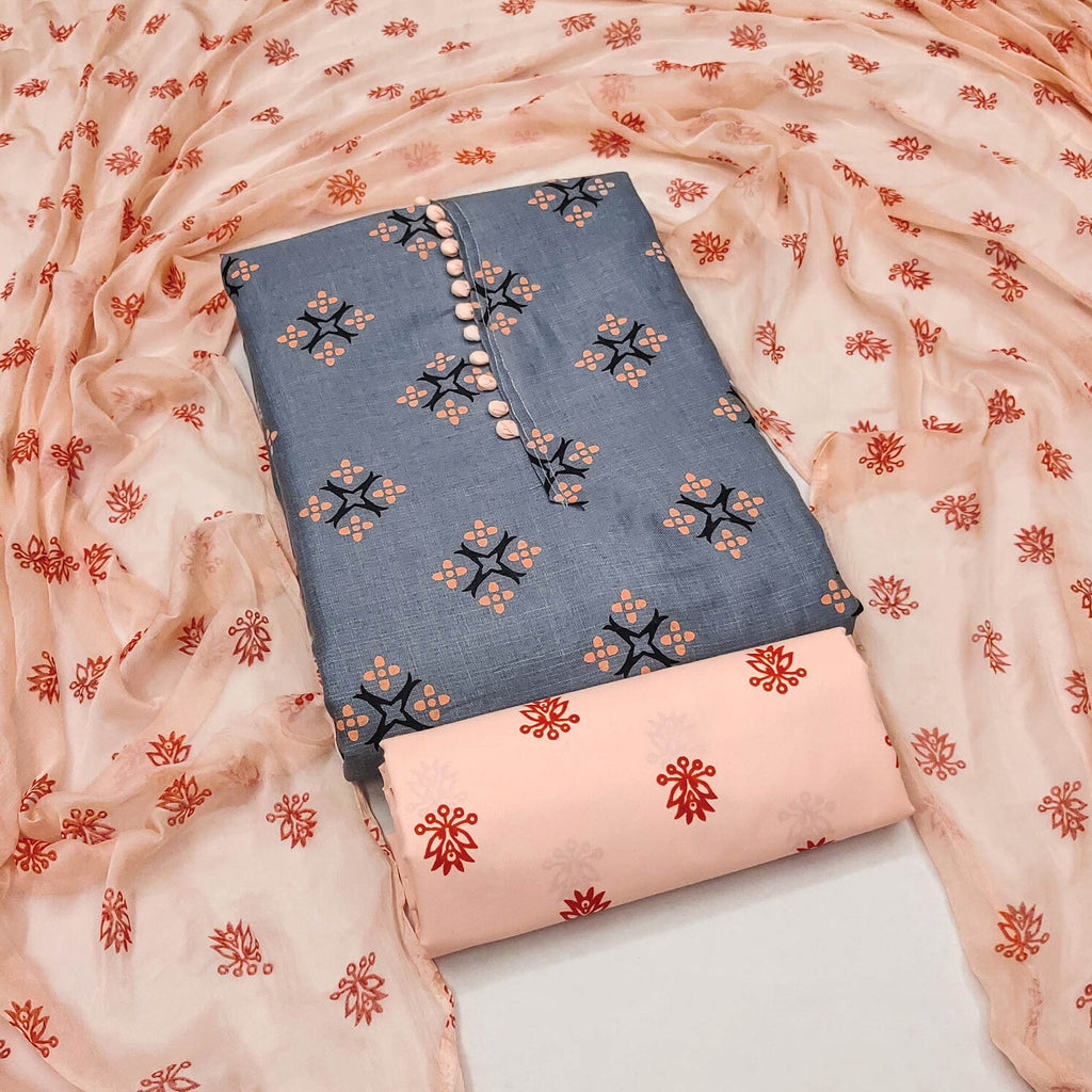Grey & Peach Floral Printed Cotton Blend Dress Material