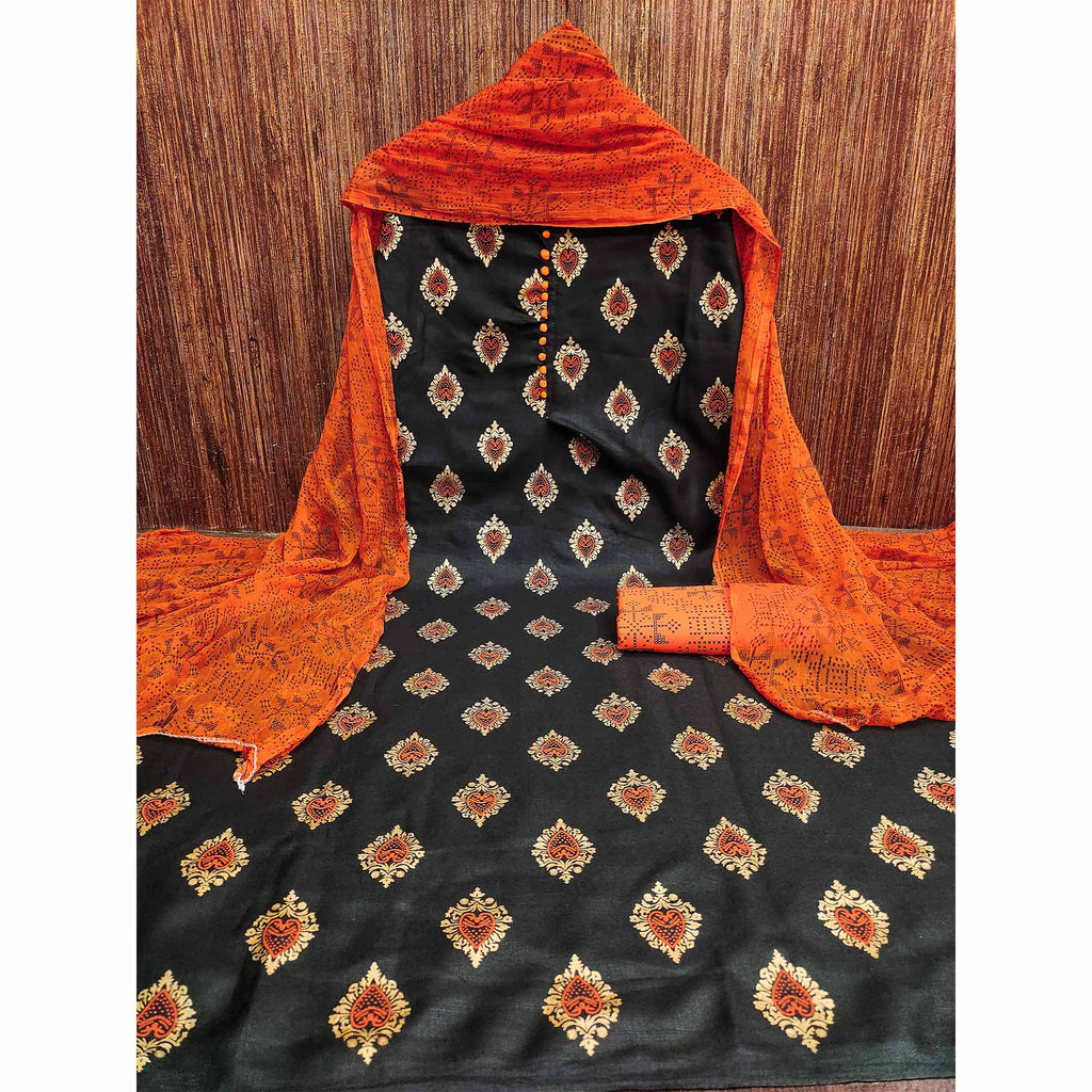Black & Orange Printed Cotton Blend Dress Material