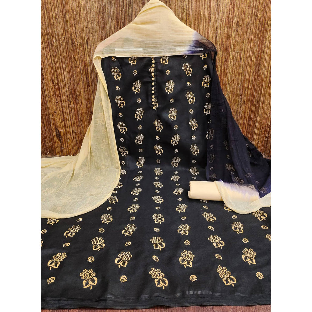 Black Floral Foil Printed Cotton Blend Dress Material
