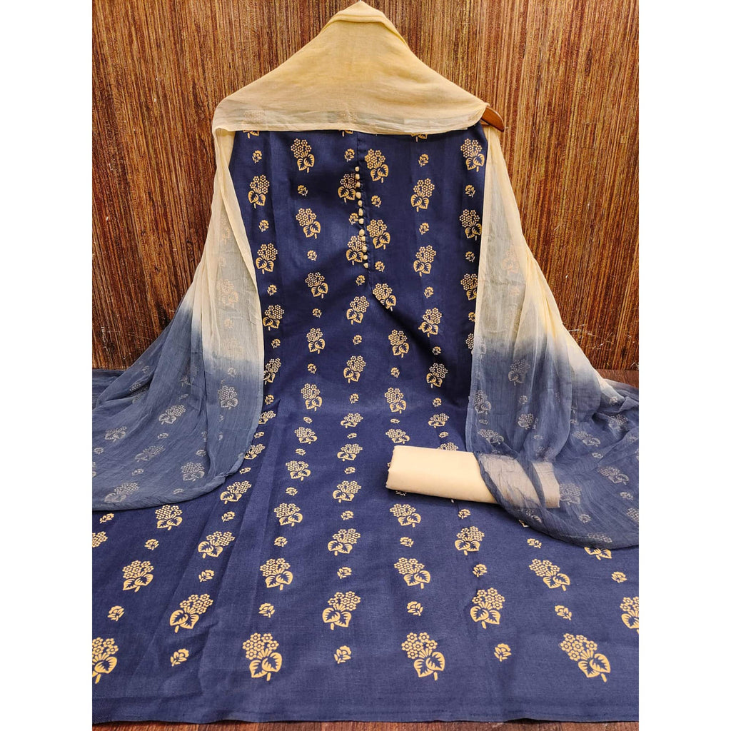 Blue Foil Floral Printed Cotton Blend Dress Material