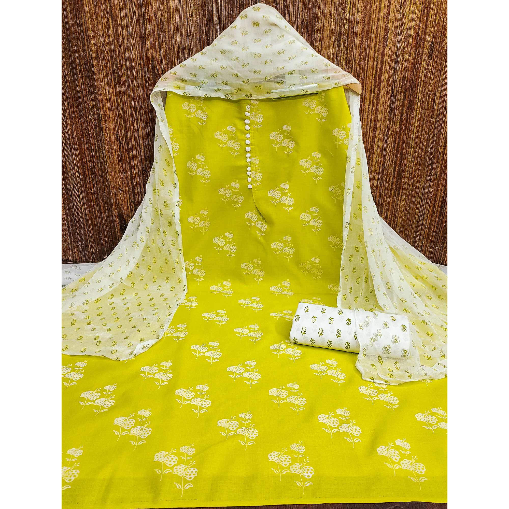 Green Cotton Blend Floral Printed Dress Material