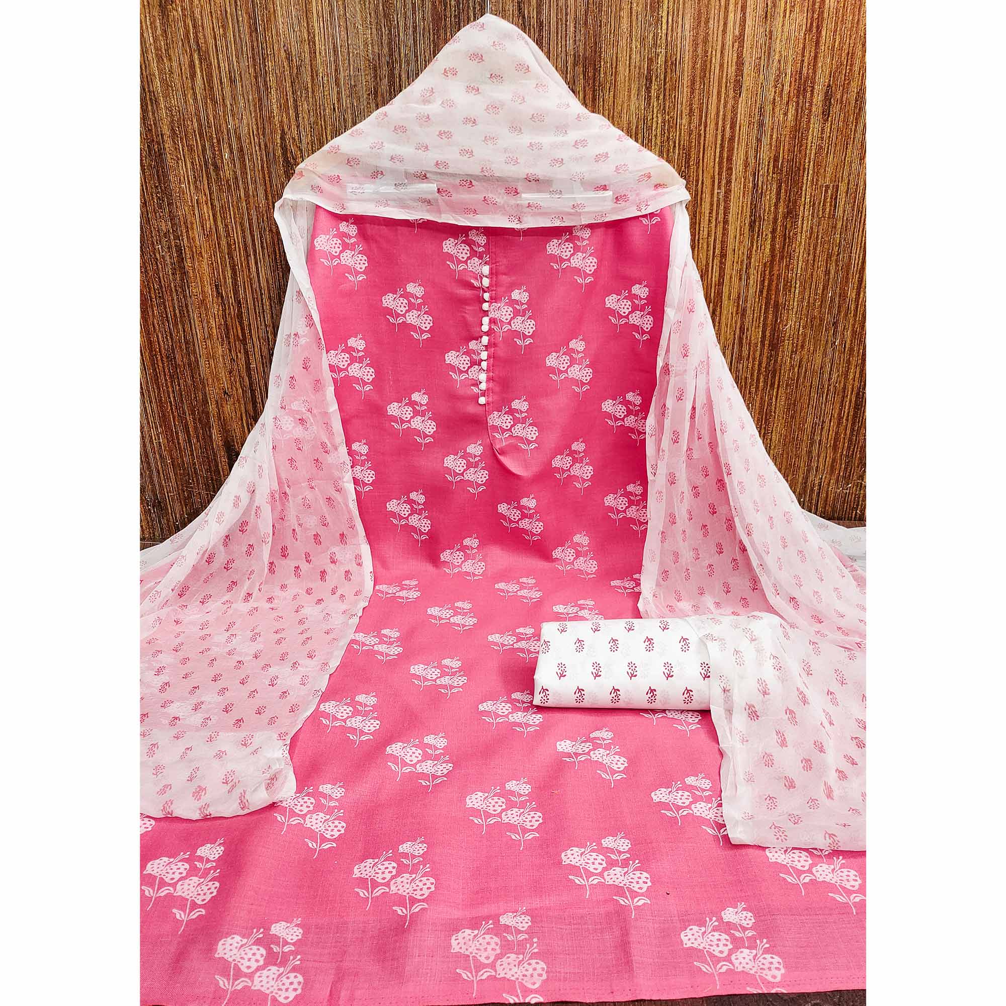 Pink Cotton Blend Floral Printed Dress Material