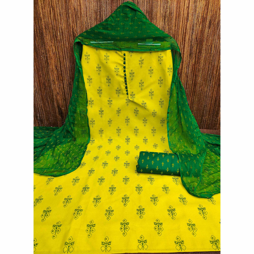 Lemon Green Floral Printed Cotton Blend Dress Material