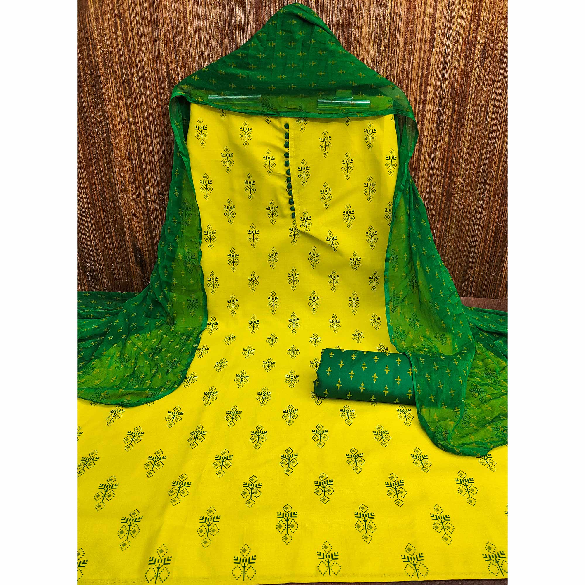 Lemon Green Floral Printed Cotton Blend Dress Material