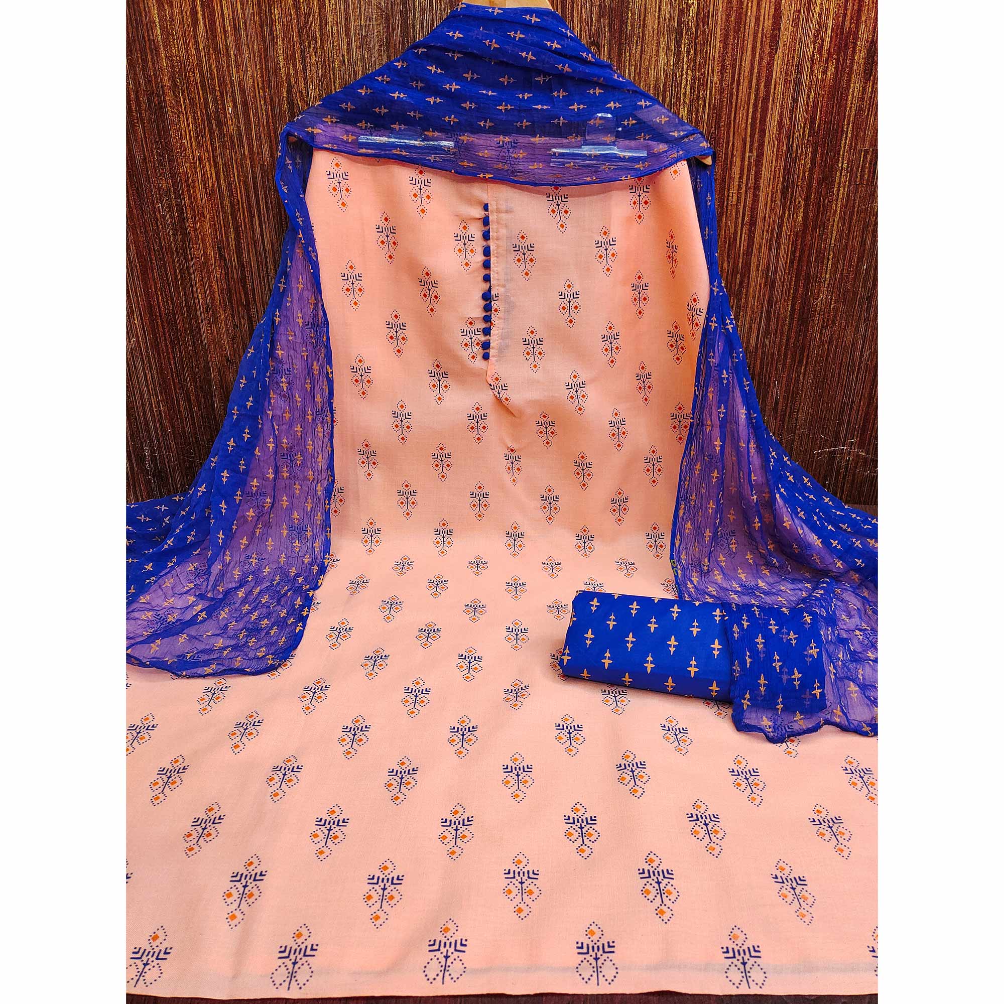 Peach Floral Printed Cotton Blend Dress Material